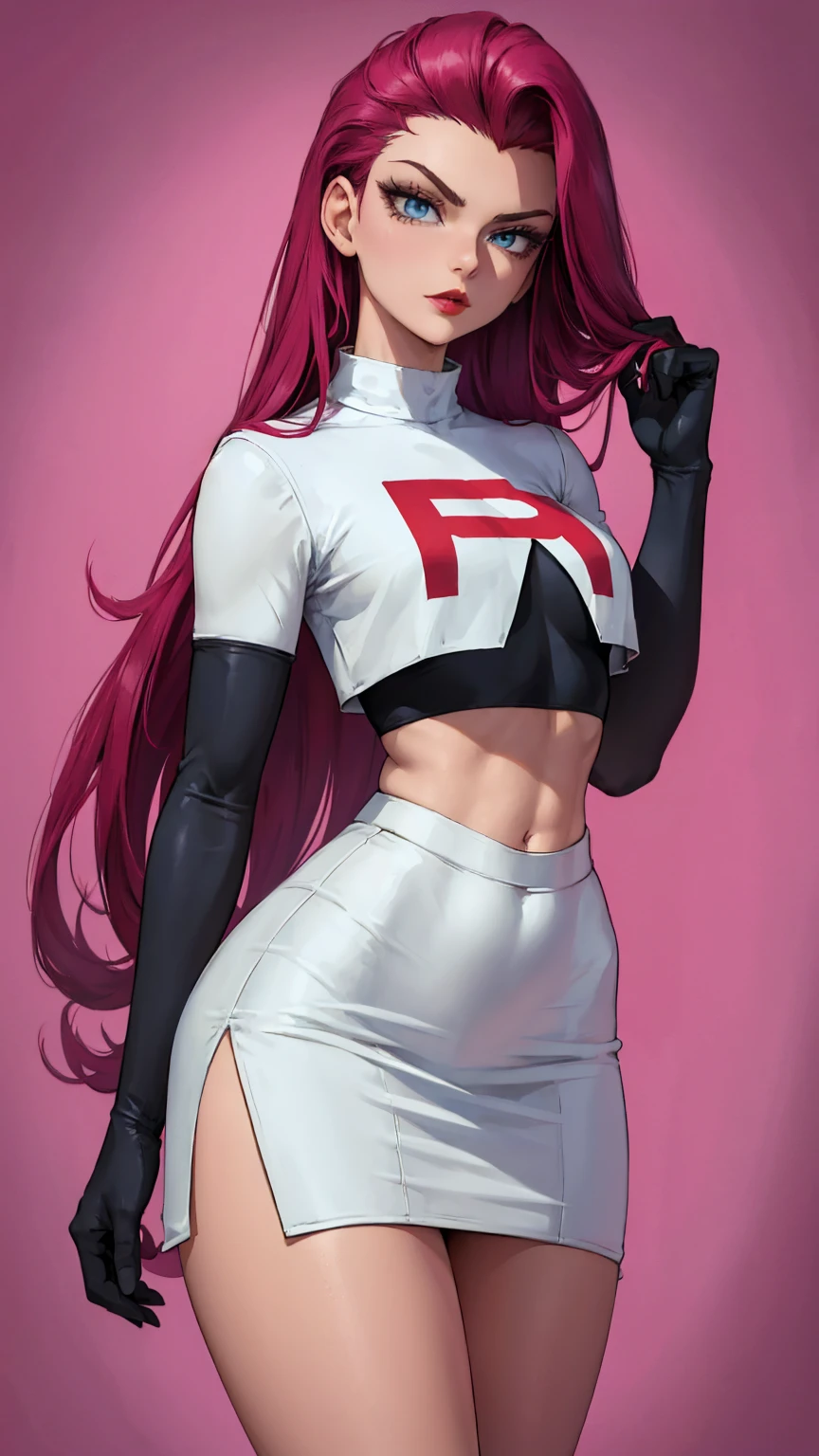 beautiful girl in sexy foot, ((slicked back hair, by the wide,)), big blue eyes, red lip gloss, perfect body, Team Rocket ,Team Rocket uniform ,White skirt,crop top,thighs,elbow gloves, masterpiece, High resolution, ((plain background:1.3))