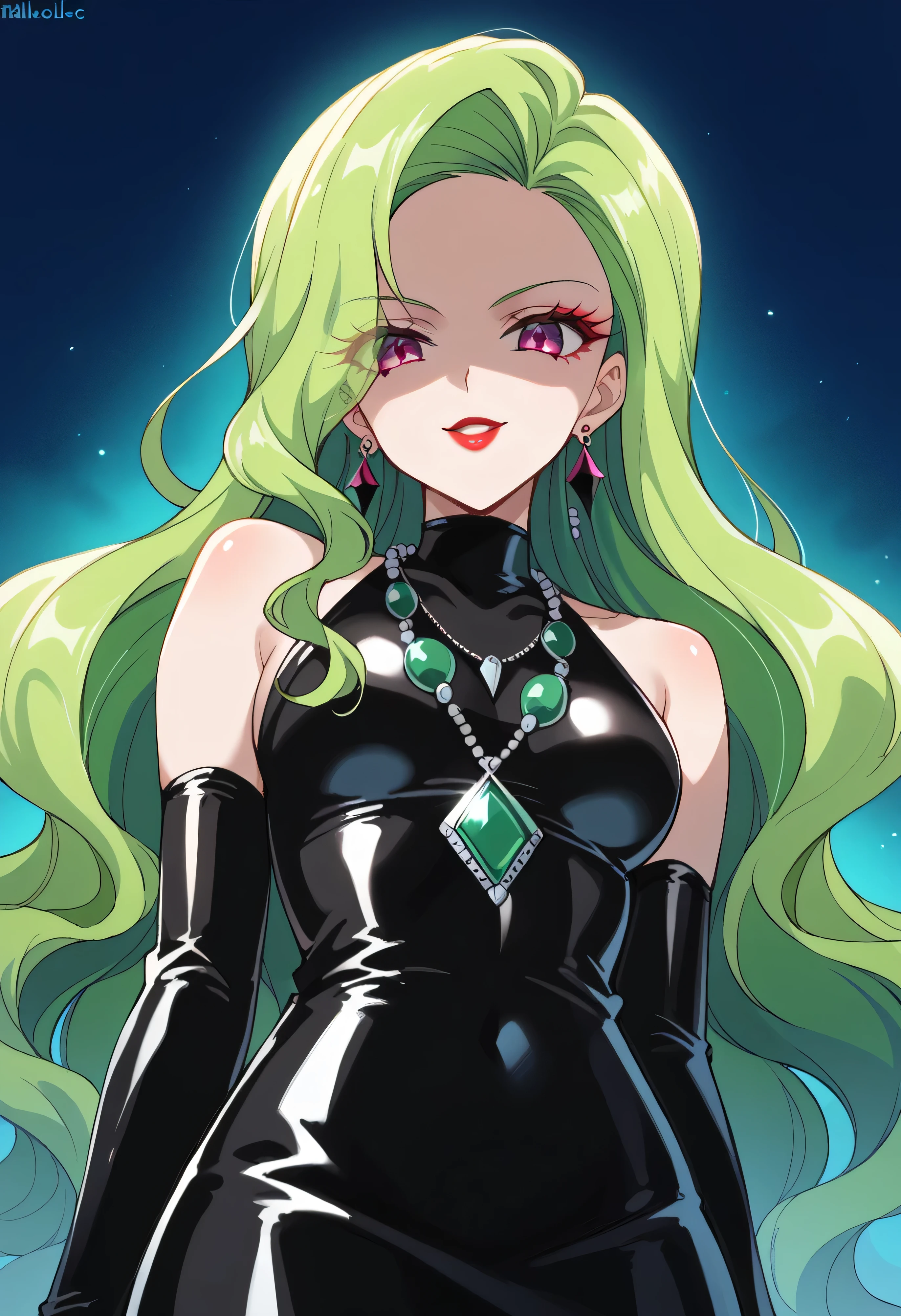 1 Girl, cute face, green hair, very long hair, wavy hair, latex alone, gloves, red lipstick, makeup, elbow-length gloves, eye shadow, bare shoulders,shiny  latex black dress, gem necklace,gigant amethyst earrings, black mist background,very evil laugh out loud,Shaded face(eyes in shadow), dark aura, and opens his mouth wide,Strong Malice 、Laughter that's too wicked、Self-conceit,from below,looking down at viewer,