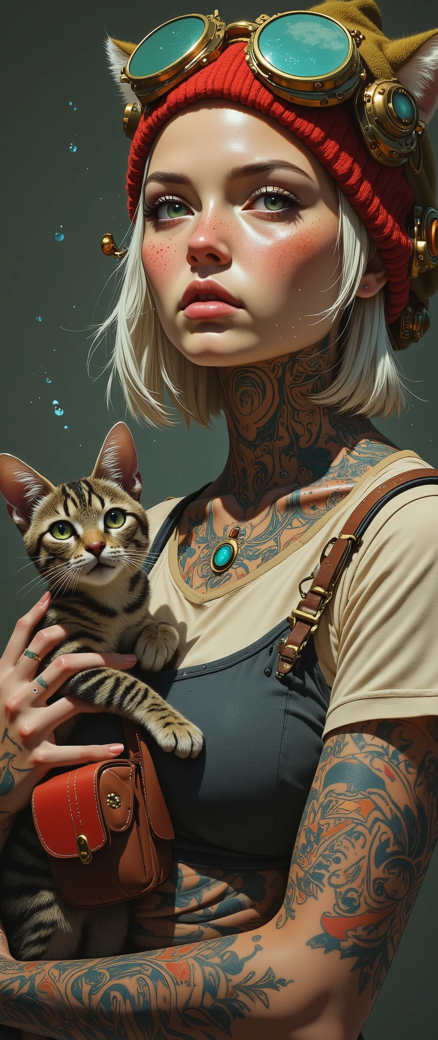 A very young girl-punk with ash-white hair, aged 20 years, of European appearance, with expressive features and noticeable freckles. Incredibly beautiful almond-shaped eyes of light green color with fluffy eyelashes are arrogantly narrowed. The lips are plump and sensual, painted with beige nude lipstick with gloss. The chin is slightly raised. She looks down at the viewer haughtily. The girl is wearing a light brown or beige tight-fitting T-shirt with lots of tattoos on her neck, chest and shoulders, mostly in blue and orange colors. On the girl's head is a stylized olive-colored beanie hat with cat ears. Large steampunk glasses are worn on top of the hat. She also has a red pouch or sling on her chest. In her arms she holds a gray-red striped cute cat. The cat looks straight ahead with green eyes. The overall impression is photorealistic digital art, fashionable, daring, with detailed images of tattoos and accessories.Weightless tiny round and transparent drops of water float in the air. The main composition of the art is complemented by relaxed lines and strokes. The color palette is dominated by warm browns, beiges, grays, and reds. The background is a dark gray-beige, slightly darker than the main character. The light falls from the front and right, highlighting the details and texture of skin, hair, and tattoos, creating a distinct three-dimensional space. The girl is in the center of the frame, and the cat is in the center of the left part of the frame. The composition focuses on the girl's face and her interaction with the cat.