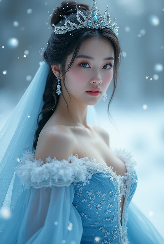 (hyperrealistic), (illustration), (high resolution), (8K), (extremely detailed), (best illustration), (best quality), (ultra-detailed), (masterpiece), (wallpaper), (photorealistic), (natural light), (1girl:1.52), (solo:1.51), (beautiful detailed eyes), (detailed beautiful face), (high detailed realistic skin texture), (anatomically correct), (high detailed realistic hair), (caramel hair:1.35), (heterochromic eyes), (detailed eyes), (blue eyes:1.37), (sparkling eyes), (realistic huge breasts:1.57), (slender abs), (dynamic modelling pose), (closed tiny mouth:1.3), (concentrated expression), (fullbody:1.56), snow-covered palace,winter wonderland,crown of ice,sparkling snowflakes,ethereal beauty,snowflakes swirling around,snow-covered trees,gorgeous snow queen,glowing ice shards,powdery snow,snowflakes glistening in the sunlight,majestic and graceful presence,snow-capped mountains,icy breath,hint of blue and silver in the color scheme,dramatic lighting,soft snow falling,queen's regal gown,subtle shades of white and blue,icy palace walls,crystal-like skin,photograph, photogenic, bokeh, cleavage, bare shoulders, nude, naked