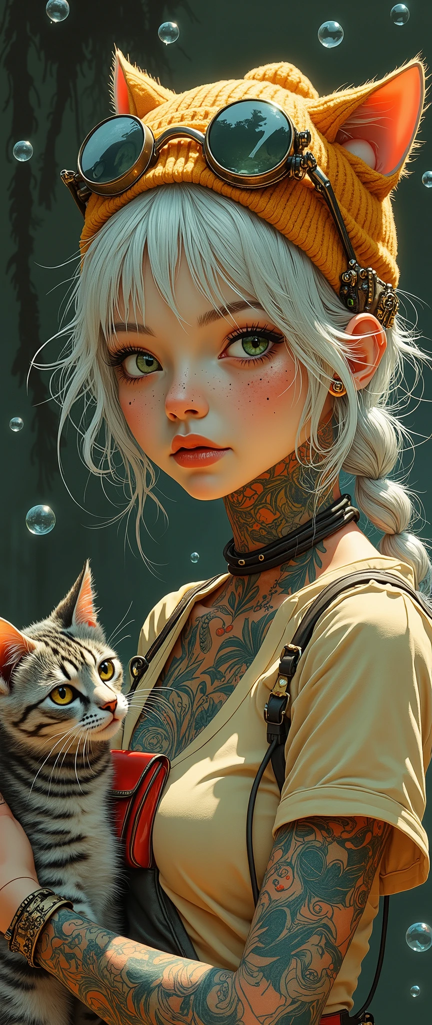 A very young girl-punk with ash-white hair, aged 20 years, of European appearance, with expressive features and noticeable freckles. Incredibly beautiful almond-shaped eyes of light green color with fluffy eyelashes are arrogantly narrowed. The lips are plump and sensual, painted with beige nude lipstick with gloss. The chin is slightly raised. She looks down at the viewer haughtily. The girl is wearing a light brown or beige tight-fitting T-shirt with lots of tattoos on her neck, chest and shoulders, mostly in blue and orange colors. On the girl's head is a stylized olive-colored beanie hat with cat ears. Large steampunk glasses are worn on top of the hat. She also has a red pouch or sling on her chest. In her arms she holds a gray-red striped cute cat. The cat looks straight ahead with green eyes. The overall impression is photorealistic digital art, fashionable, daring, with detailed images of tattoos and accessories.Weightless tiny round and transparent soap bubbles float in the air. The main composition of the art is complemented by relaxed lines and strokes. The color palette is dominated by warm browns, beiges, grays, and reds. The background is a dark gray-beige, slightly darker than the main character. The light falls from the front and right, highlighting the details and texture of skin, hair, and tattoos, creating a distinct three-dimensional space. The girl is in the center of the frame, and the cat is in the center of the left part of the frame. The composition focuses on the girl's face and her interaction with the cat.