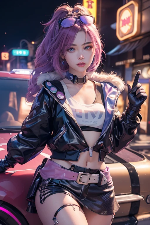 zoe\(palworld\),1girl,solo,jacket,black jacket,twintails,black hair,multicolored hair,streaked hair,smile,jewelry,hat,looking at viewer,necklace,pink eyes,crop top,long hair,black headwear,upper body,choker,baseball cap,shirt,breasts,open jacket,virtual youtuber,open clothes,pink hair,black choker,purple shirt,long sleeves,parted lips,cleavage,blurry,bangs,
<lora:zoe Palworld_20240126194346:0.8>,