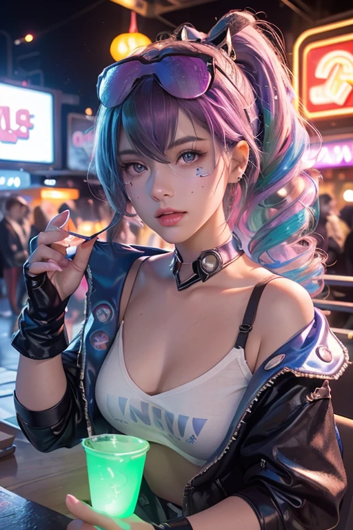 full bodyesbian, 1 slime girl, change, Alone, Eye focus with refined radiance, Pink lens flare, movie background, Colorful, the ultra-detailed, HighDynamicRange, Ultra-detailed eyes, mature, plumw, Rainbow water drops, (Supermodel:1.3),(Bioluminescence hair: 1.1), (glowing light eyes), (cosmetrocious, robust, The colorful colors are absolutely eye-catching, dynamic angle, Beautiful details shine, ambient lights遮蔽, ambient lights, ray-traced reflection, vintagestyle, Life arcade characters, Arcade style world, mitts, jaket, arma, short skirt,Martin shoelack mitts, black jaket, guns, Drill your hair, black short skirt, Head mirror, bubble blowing, chewing gum, (Cute face:1.3),
