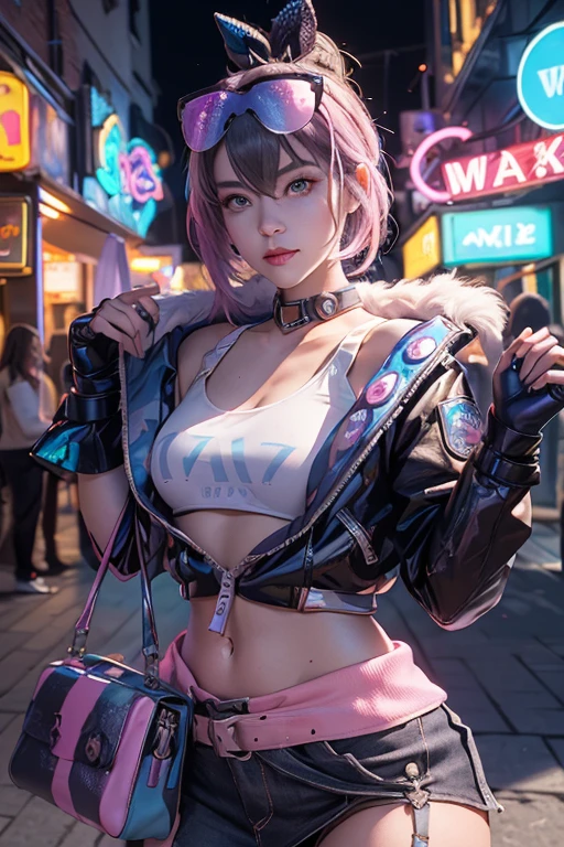 Full body female love, 1 Slime Girl, Change, Solitary, Eye-focused exquisite light, Pink lens flare, background, rich and colorful, Extremely detailed, High Dynamic Range, Extremely detailed eyes, Mature, Plum, (Supermodel:1.3), (Bioluminescent hair: 1.1), (Glowing eyes), (cosmetic, Strong, The brilliant colors are definitely eye-catching, Dynamic Angle, Beautiful details shine, light，Ray Traced Reflections, Retro Style, Life Arcade Characters, Arcade style world, Gloves, jacket, miniskirt,long riding bootlack Gloves, black jacket, Drilling hair, miniskirt, Head mirror, (Cute face:1.3),