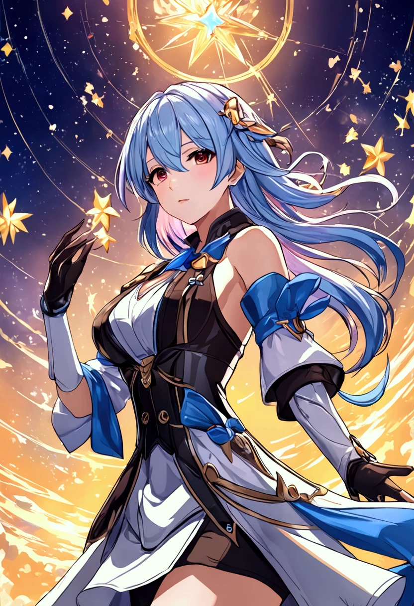 ((the best ever)), ((top-quality)), Bare thigh base，Shoulders bare，The girl was expressionless,, Very long hair, hair intakes, Blue hair fluttering in disarray, Beautiful face, （Superskirt）extremely detailed cute anime face, Purple eyes, bow ribbon, Halo, detailed ice, Surreal, facing the front there,