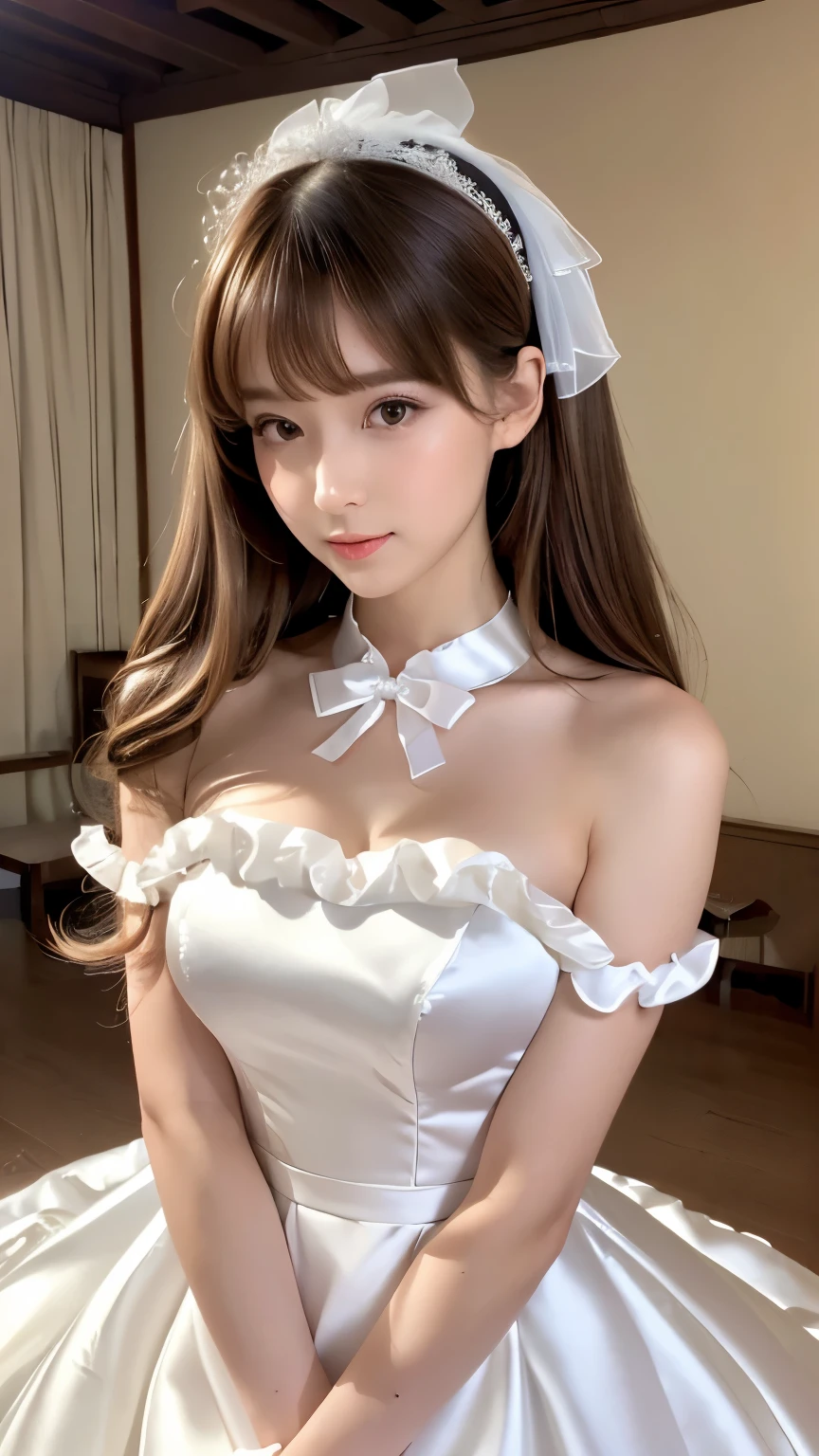elegant female idol、whole body、good style、、、、、blonde long hair、white gothic ta fashion、、Soft expression like an angel、big breasts、thick legs