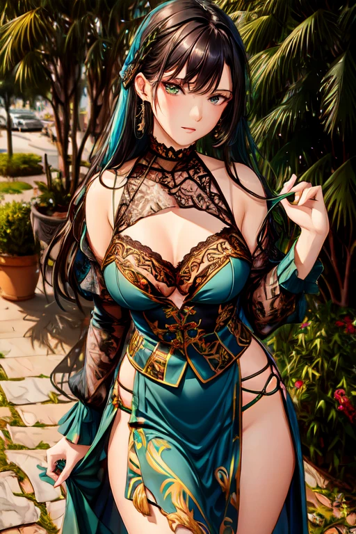 realistic image, detailed image, coherent image, 1 beautiful elf, she has very long hair, black hair, turquoise eyes, smiling, She is wearing a dress, showing her legs, She has a curvy body, medium breasts and thick thighs , She is sitting, posing sensually, arching her back, sprouting breasts, full body view, view from above, flower petals falling around, background surrounded by flowers, Soft focus, Dramatic shadows, Volumetric lighting, natural lighting, illumination artificial, white background, soft background,bzyyzg \(manaka nemu\)