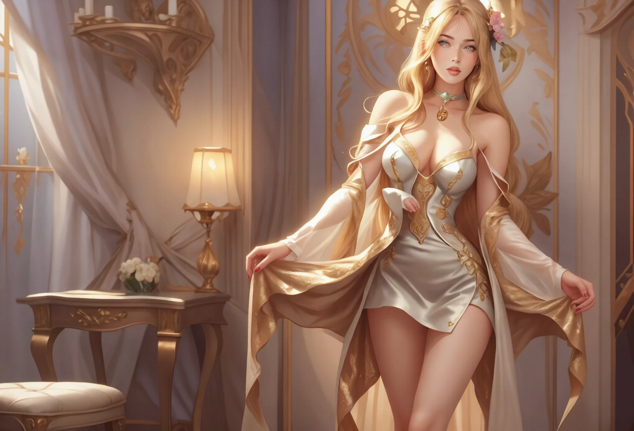 (extremely detailed CG unity 8k wallpaper:1.5),<(masterpiece:1.5), (best quality:1.7), high resolution illustration, (finely detailed eyes and detailed face:1.3), (detail:1.3, best quality, (ultra-detailed), (an extremely delicate and beautiful), (illustration), (painting),(masterpiece:1.5),cinematic light,dynamic angle,floating,sharp focus,(2d:1.7), (best quality:1.3),(illustration:1.1),((disheveled hair:1.2),(beautiful detailed eyes:1.1),(cinematic light:1.1), Indian girl, wearing a long, sitting on chair, bare hips, bare shoulder dress, small dress, unconcerned, holding boobs with hand,