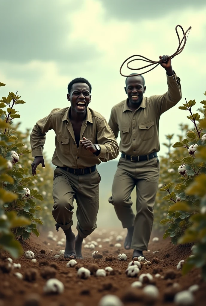 4 white men chained at the waist running, with torn shirts