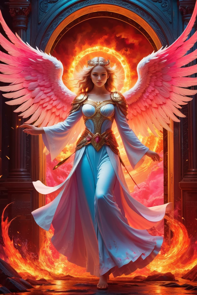 high details, best quality, 16k, [best detailed], masterpiece, best quality, (extremely detailed), a picture of a beautiful female Latina angel, looking through  a magical portal onto hell, the portal has magical pink magical wards on it, she sees the fiery hell and rolling inferno faize , GlowingRunes_paleblue, GLOWING STYLE, feathered wings