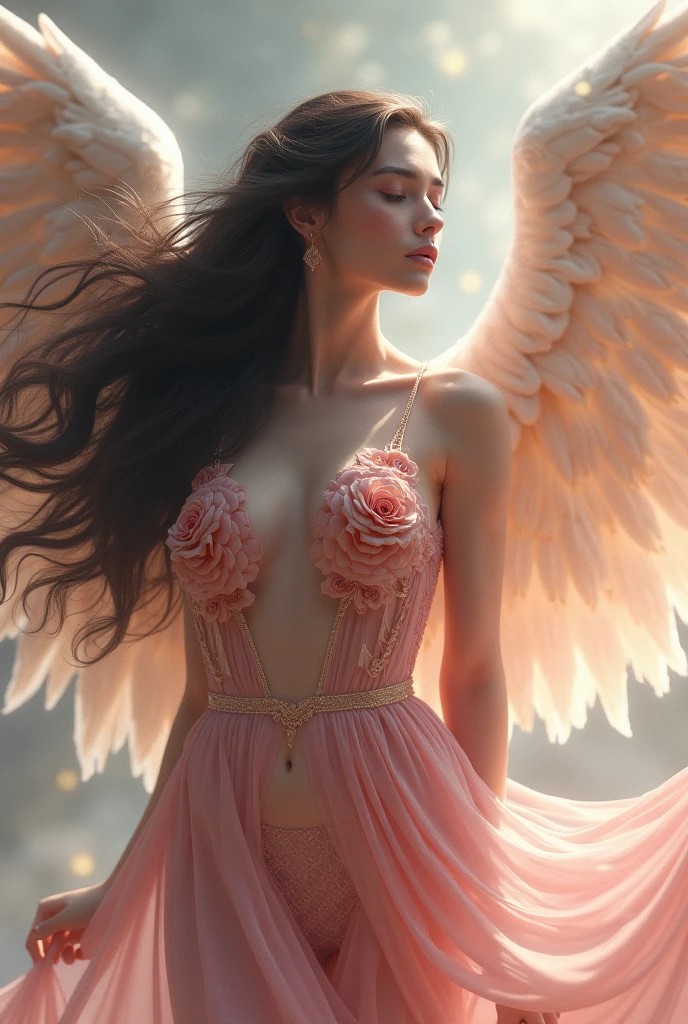 Woman angel with wings pink clothes with roses on her head wings long black hair big breast
