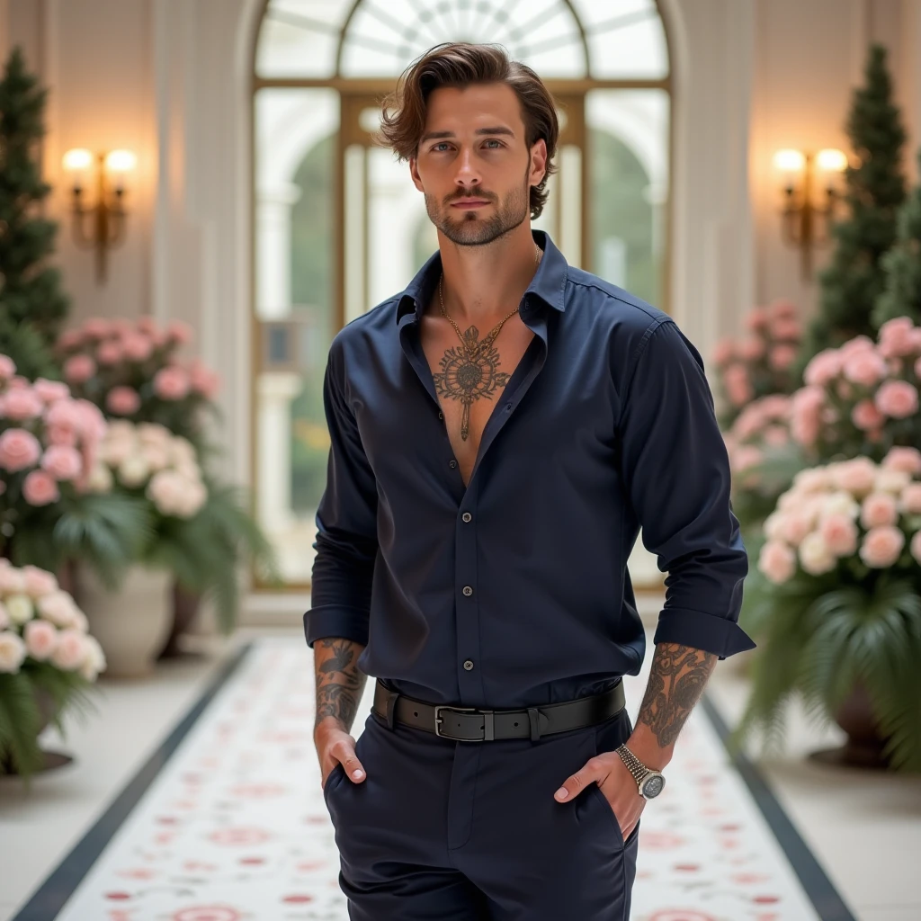 (masterpiece) (highest quality) detailed (((luminescent glowing))) mysterious ancient egyptian god as a ((clothed)) muscular man with (dark tan) in light grey and light blue designer ((((clothes)))) with fishscale pattern, fashion, men's fashion, haute couture, man, dark tan, male model, lotus pond, (Nile river), magic
