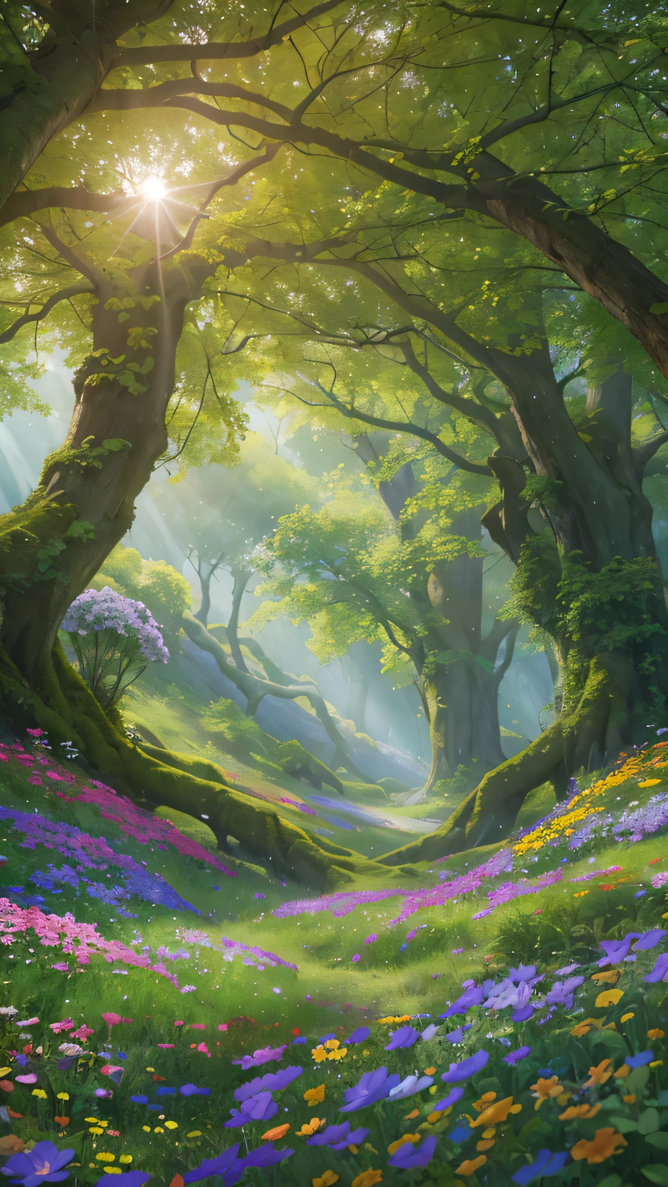 Painting of a forest with a path through the trees and flowers - SeaArt AI