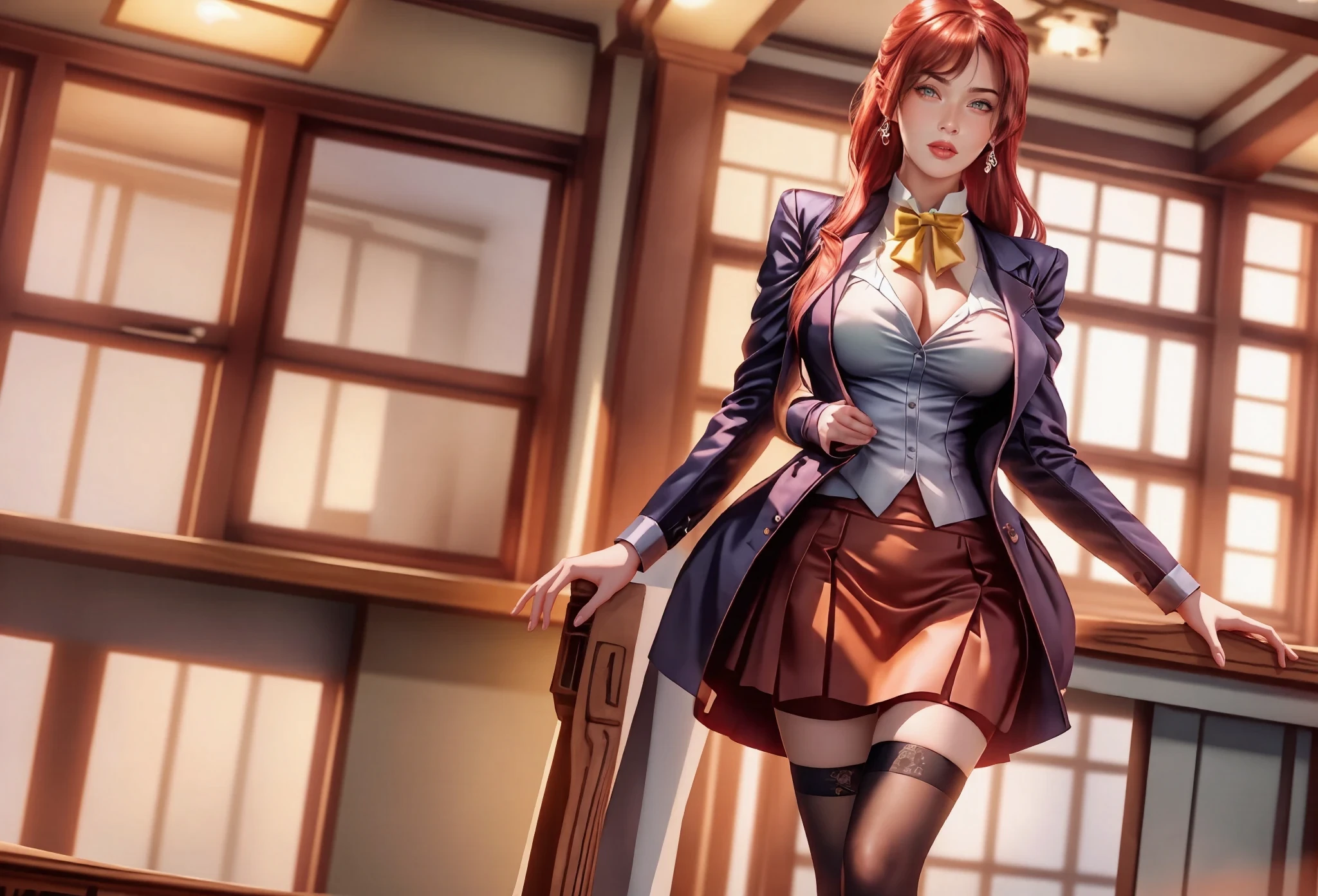 4k, 1woman, masterpiece, best quality, highly detailed, mature woman, panty pull, undressing, leaning forward, takashirohiroko, unbutton white blouse, yellow bow tie, naked from the waist down, red hair, black thigh highs, open purple blazer, garters, round green earrings, purple eyes, cleavage, nsfw