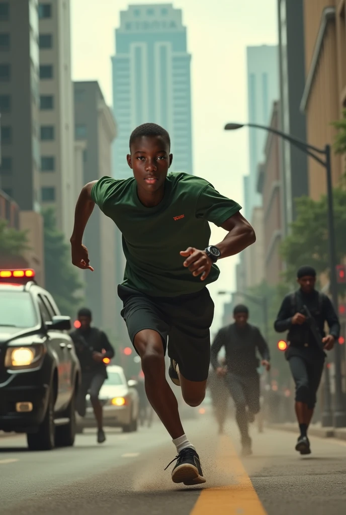 Black boy, black power hair, drawing, masterpiece, ultra realistic, 12 years old, full body, green shirt, blue sneakers, side view, running very fast.