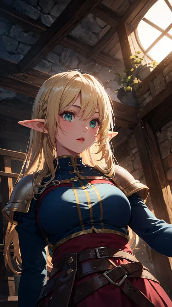 Inside the dungeon, ((one female elf, two warriors)), coming down the stairs, the light of a torch, being wary of the surroundings.