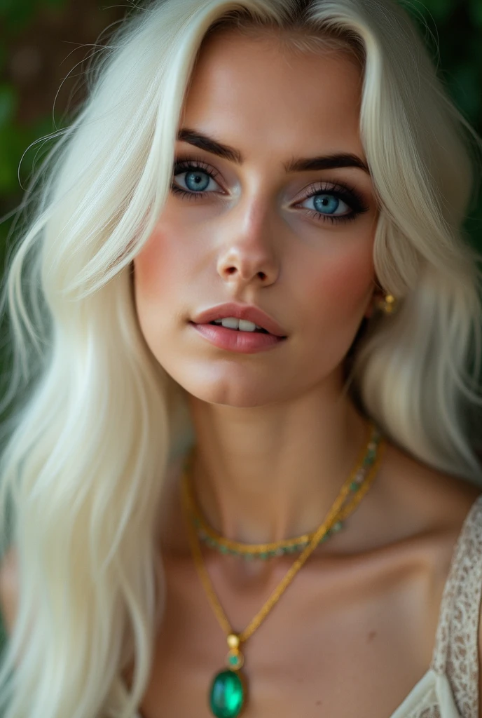 Pure white hair, Pure white hair, (Waist-length hair), glowing hair, Detailed hair, Blue Eyes, beautidful eyes, extremely detailed eyes and face, Beautiful detailed eyes, Ultra-detailed, light on the face, (shiny lips 1.2), Fair skin, a 18 year old girl, Masterpiece, Beautiful European Girl, (Highly detailed black gothic stunning chest), (Perfect Body), (white curly hair 1.3), exterior, (skin texture:1.1), Best Quality, The ultra-Highres, Raw foto, nikon d850, Back lighting, rimlight, Bright sunlight, film grain:1.2, (warm hue, warm tone:1.2), (colored photo),