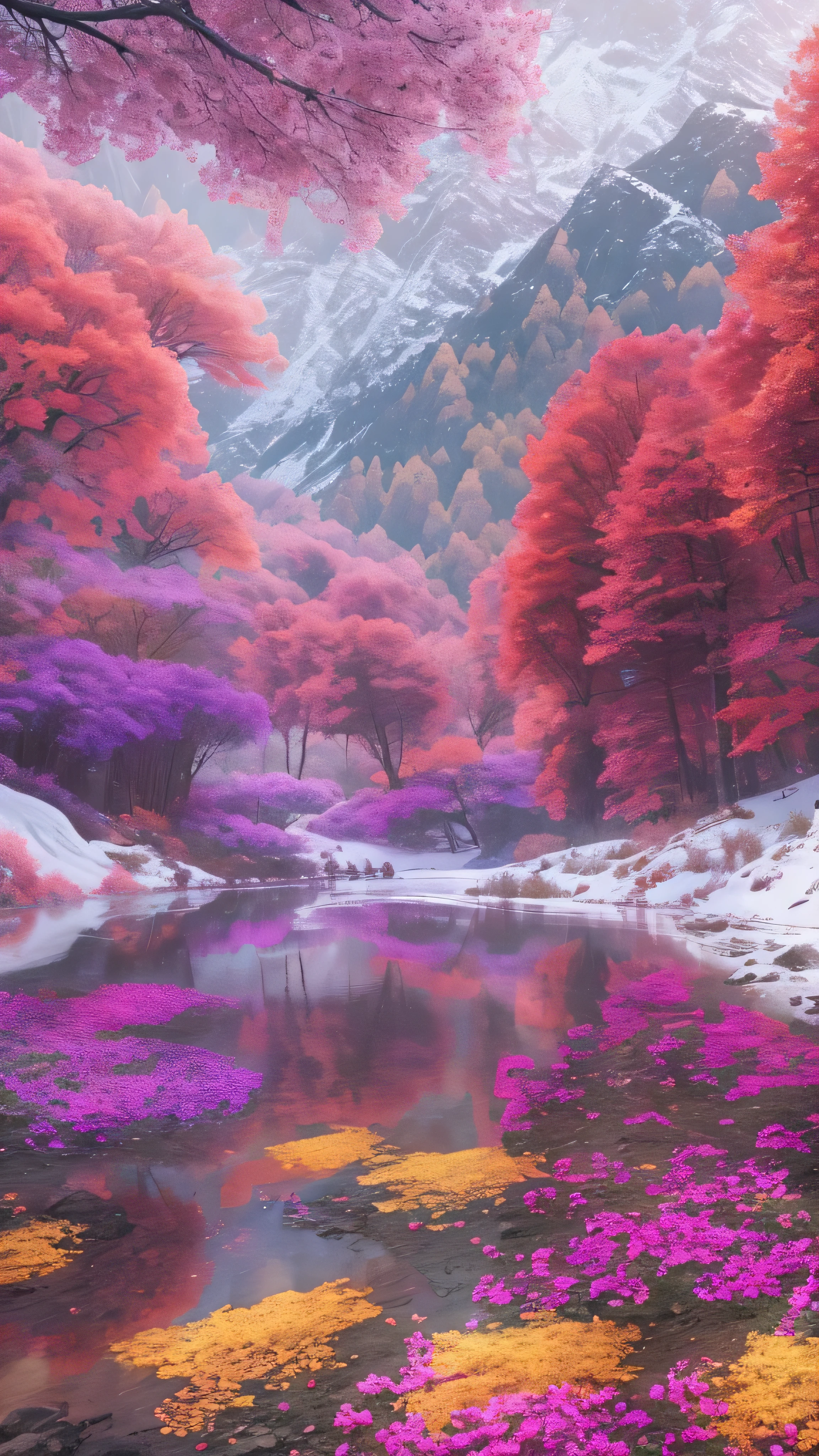 highdefinition images , Deep Forest Picture 、Seven colored flowers and trees 々、 A mysterious forest with magical beings hidden in branches , 8k, High Quality Seven Colored Flowers , a forest believed to be inhabited by fairies , Soft morning sun shines through the snowy mountains of the Himalayas。