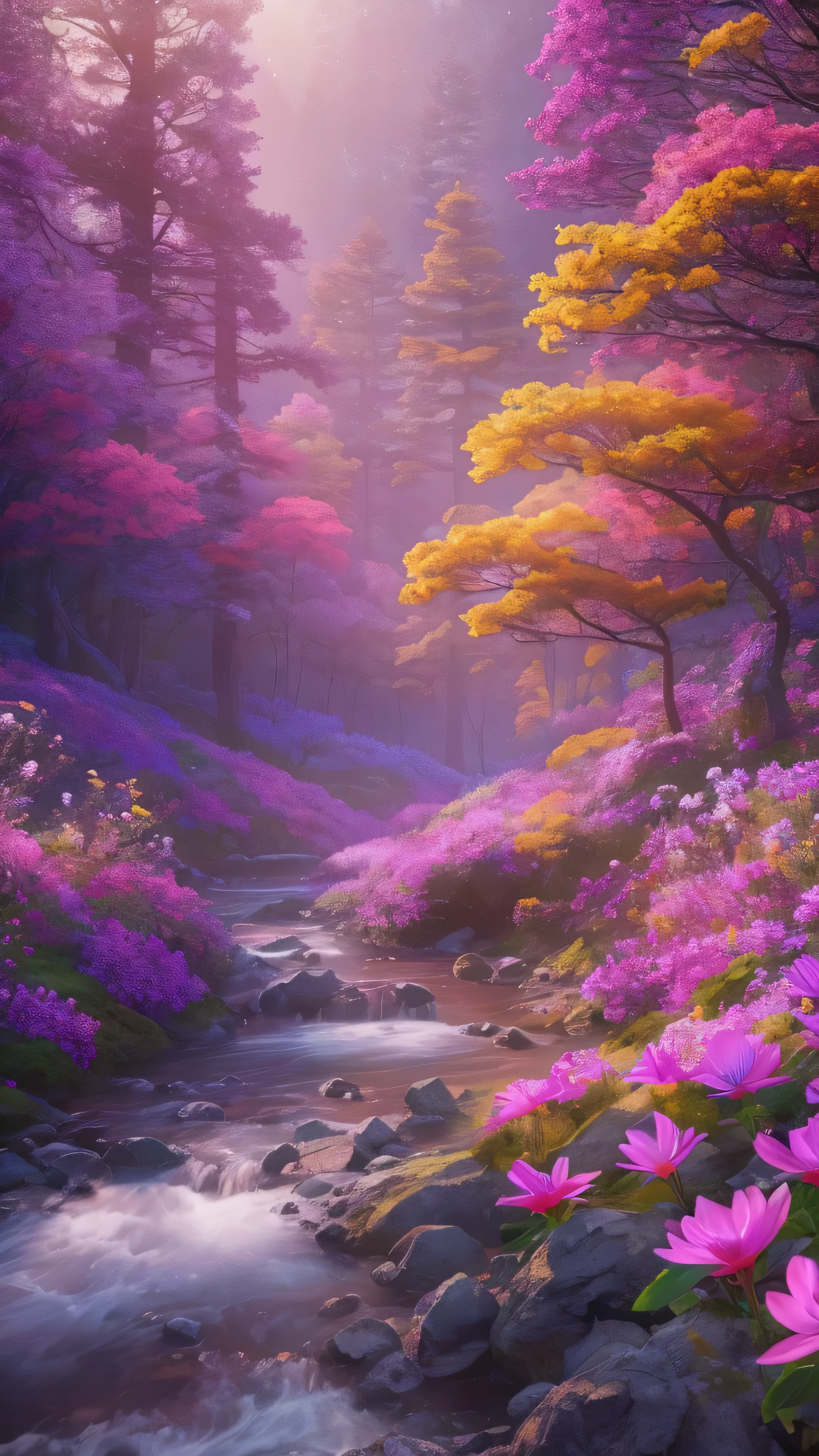 highdefinition images , Deep Forest Picture 、Seven colored flowers and trees 々、 A mysterious forest with magical beings hidden in branches , 8k, High Quality Seven Colored Flowers , a forest believed to be inhabited by fairies , Soft morning sun shines through the snowy mountains of the Himalayas。