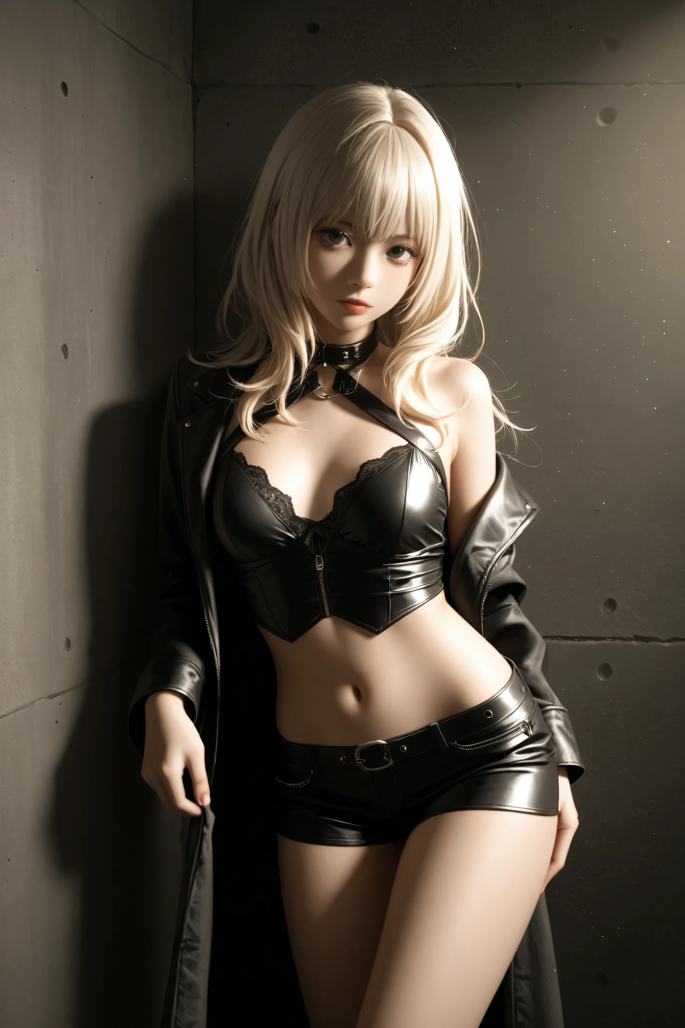 goth girl, vampyre, dark otherworldly vibe, cinematic lighting, ultra realistic, high qualiy, 16K, standing alone, sensuous, seducing gaze, gazing at viewer, Inside the house, gigiandalucia, 1 hot, long pale blonde hair, hair-bangs, clean eyes, pale white skin (lit by the sun), lipstick, chapel, gothic makeup, neck ribbon, big natural breasts, great hauntings, legs thick, lain, realistic shading, different sensual poses, Erotic, bedroom background, nblurry background, Depth of field, dream-like atmosphere, estética gótica de vampyre, 
