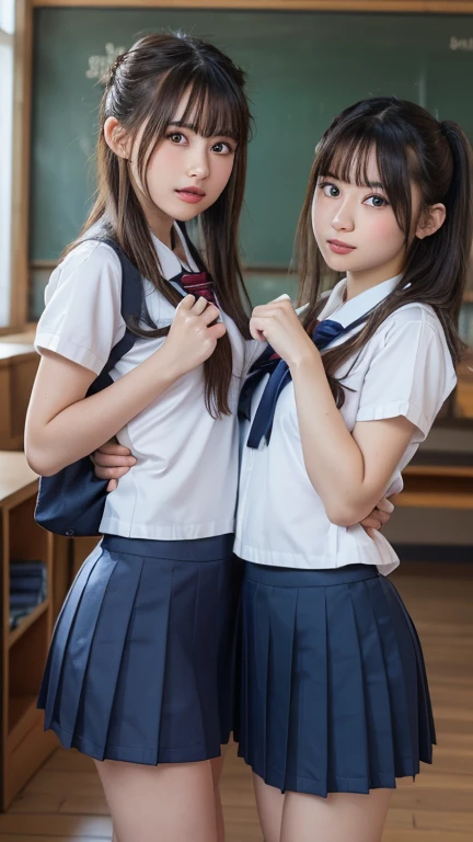 2 girls on desk in wooden school classroom,short-sleeved white leotard with plaid frills,plaid bow tie,18-year-old,bangs,a little smile,large bare thighs,knees up,spreading legs apart,short hair with low pigtails,from before,front light