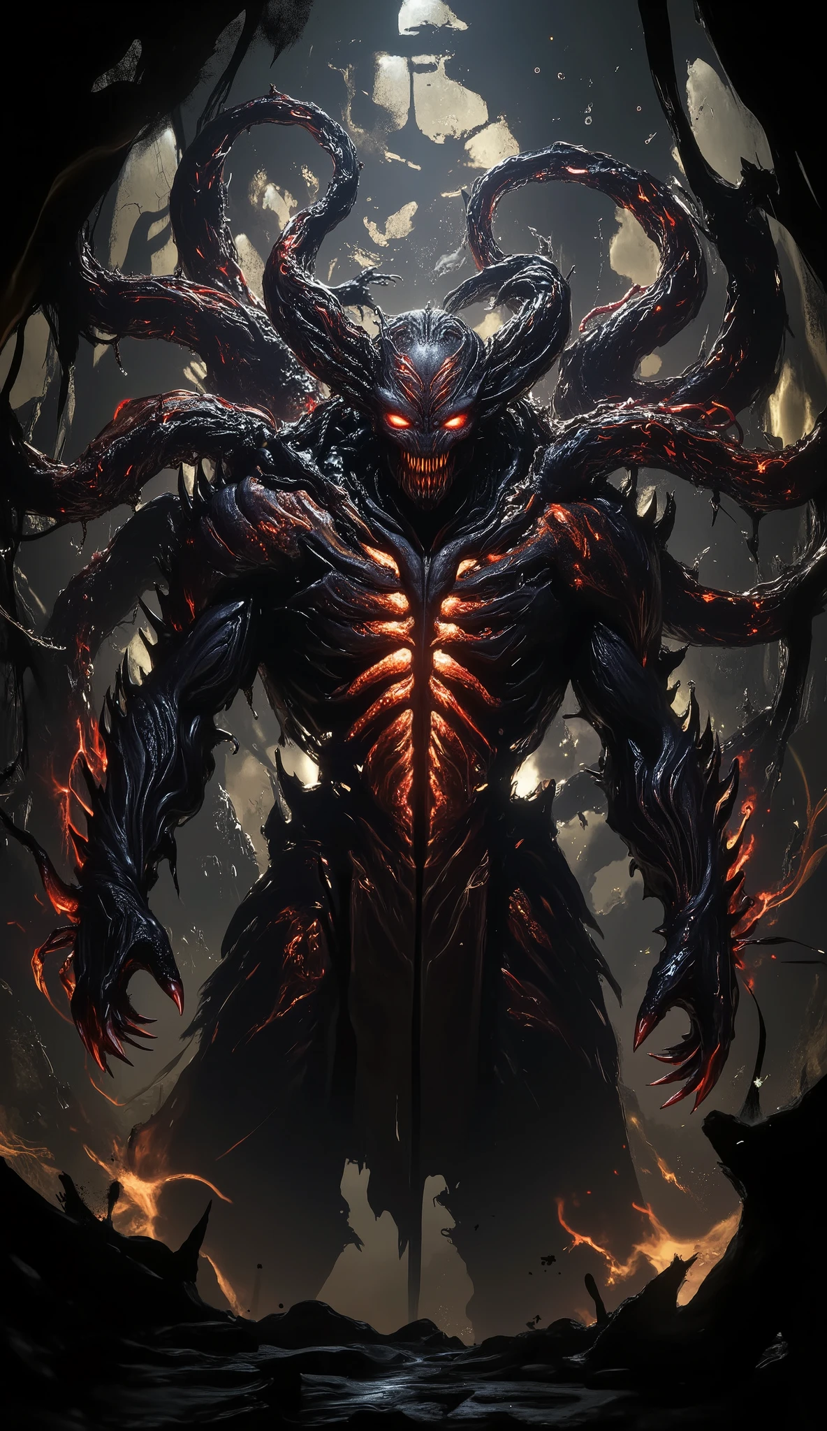 (best quality, 128k,highres,masterpiece:1.2),ultra-detailed,(realistic,photorealistic,photo-realistic:1.37), ((masterpiece)) ((photography)) ((Highest quality)) A formidable black creature from another world looms in the background, its chitinous skin glowing with bioluminescent patterns in dark hues of red, orange, and black. This otherworldly beast, inspired by Lovecraftian horrors, has long, sharp red claws, its body covered with translucent, intricate exoskeleton details, showcasing violent, alien beauty. The creature's moist, textured skin and the broken anatomy create a terrifying, dark presence against a spooky, moody atmosphere. The backdrop features a surreal, apocalyptic landscape, with twisted, destroyed ruins and eerie, dim lighting that enhances the ominous feel of this nightmarish scene. The creature seems to rise from the ruins, embodying the concept of "The Birth of the Demon King," its silhouette hauntingly visible under the ethereal glow of bioluminescence, adding to the sense of impending doom and supernatural power.