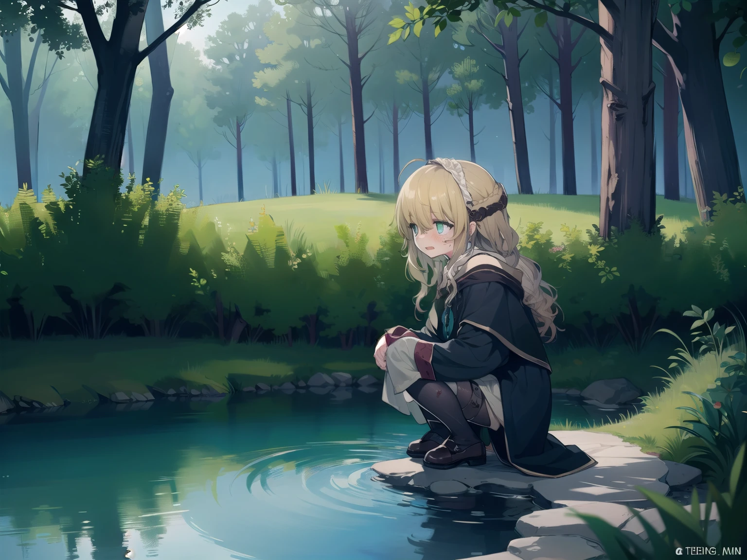 Scene: It's a dark night. One girl is sitting in a very dark forest kneeling near the water's edge of the magic pond, but it doesn't touch the water.. She's afraid of water. One of her curls fell into the water!! She was dirty and bruised. Body: blonde very long hair, green eyes, dirty clothes, dirty hair. Clothes: Dirty rags. Style: Medieval fantasy