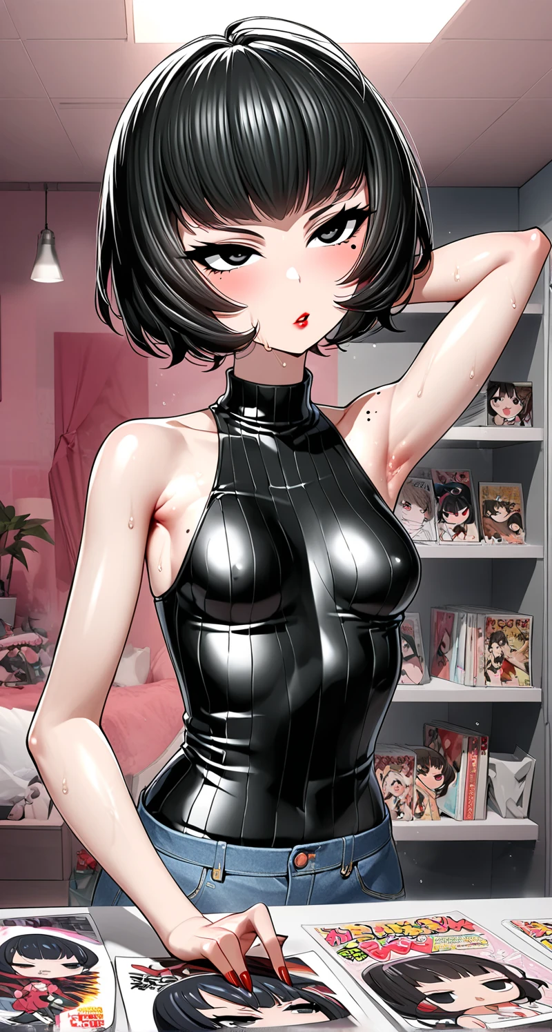 8k, best quality, masterpiece, highly detailed, tiny girl (petite, flat chest), black hair, green eyes, curly hair, red lipstick, in sheer lace black tight business suit, visible nipples, visible areola, office background, rolling eyes, open mouth, tongue out