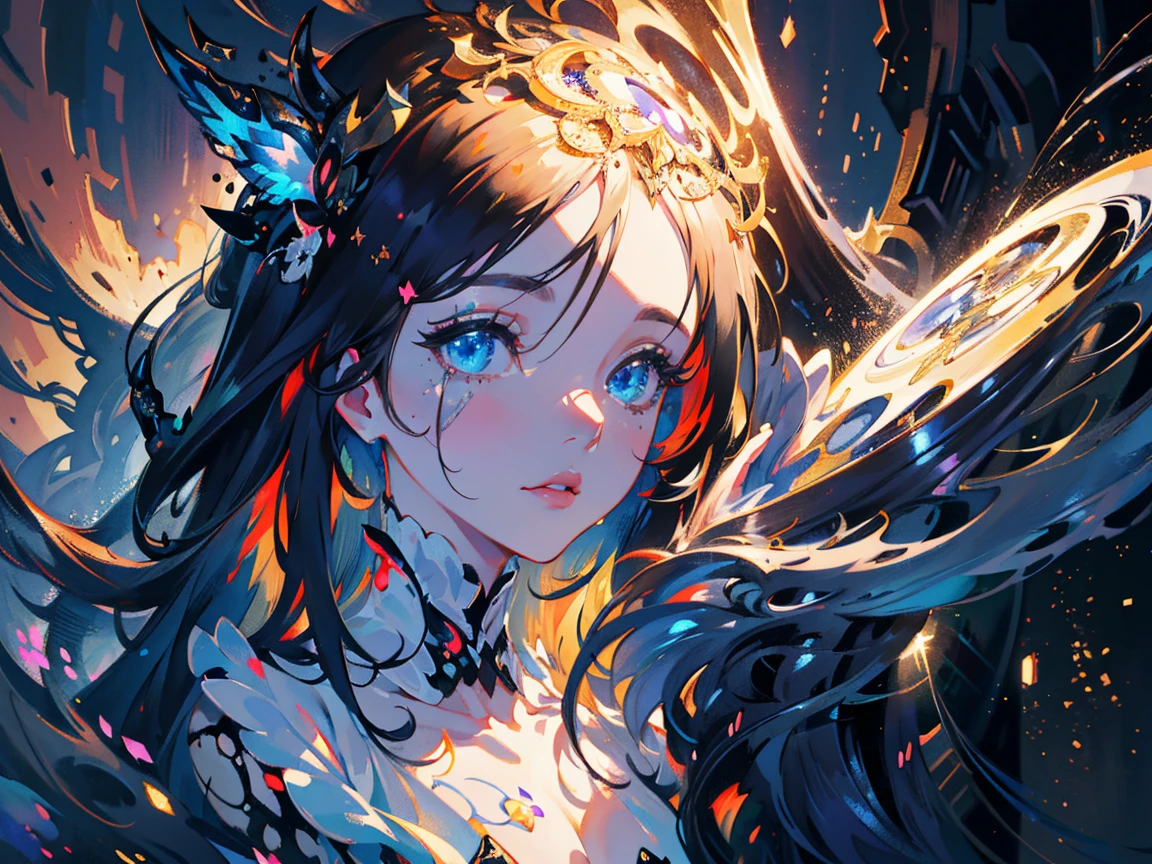 masterpiece, best quality,(symmetry:1.1),1girl,enchanter,(solo,solo focus),Black and red and white and blue color scheme,magic,hair spread out,(Fire magic,Ice magic),(butterfly and Snowflakes and flames),fantasy,(abstract art),beautiful intricate filegrid facepaint, intricate, elegant, highly detailed, digital painting,