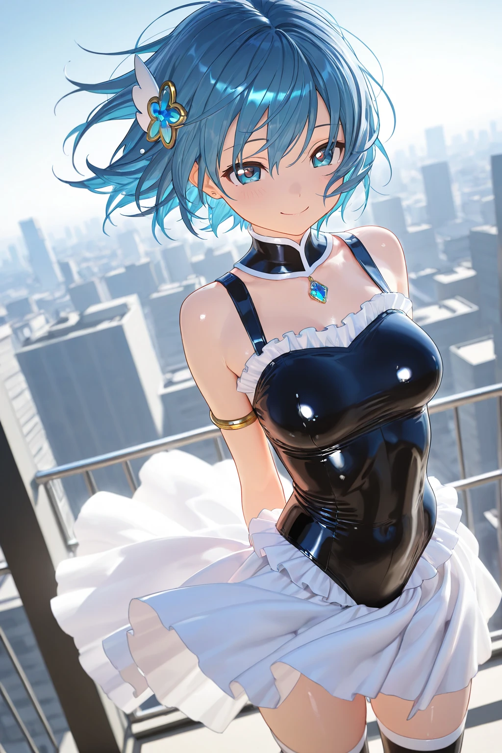 (masterpiece, highest quality:1.2), One Girl, alone,blonde、Upper body naked、Mid-chest、Black Knee High、Blue Hair、Nipple erection、Raise your hands and fold them behind your back、Drooling from the mouth、Half naked、Stand up and lift your legs、squint、Optical illusion、detailed、stand up、Standing on one leg、Lift your legs、whole body、whole、Lift your legs straight up、Put one foot on the ground、Blue Hair, Againm \(Again:zero\), [smile], blush, city,, masterpiece, highest quality, Perfect lighting, One girl, skirt, medium bAgainasts, masterpiece, Highest_quality, 1 person, solo, Hips, Big Ass, From the back, Light blue hair、Short hair、blue eyes、Againmu(Again:zero)、Drooling from the mouth、Open your mouth、Sticking out tongue