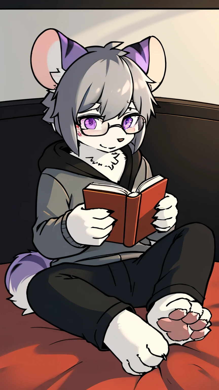  emer one ld {x} furry ,  alone， full body fur,  emer one ld {x} furry毛, White Paws  , Grey hair , , Dark grey trousers, gray ears,  gradient hair color ,  black glasses,  fluffy tail  ,  purple stripes ,  short hair,  bangs, boring ，Dark hair ,  grey hair,  medium length hair ,  bangs,  Framed Glasses ,  purple eyes , mouse耳朵,  animal ears ,  boring ，mouse，mouse尾巴，grey sweatshirt， emer one ld {x} furry雄性， boy，Reading a book while sitting in bed