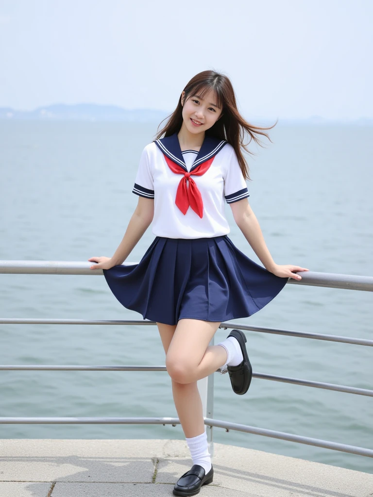 (18yo, young, cute:1.3), (japanese teen 1girl idol:1.2), ultra highres, real skin, hyperrealism, glistening skin, professional photograph, (absurdres:1.4), 8k, (RAW photo:1.2), (extremely detailed clothing), (extremely detailed legs), best quality, ultra detailed, absolutely resolution, (face is shiny:0.8), (shiny skin:0.8), best hands, nice hands, perfect hands, BREAK、Retro art style, Clean brush strokes, Very detailed, Perfect Anatomy, Browsing Caution), Sexy sitting, Black hair Long hair fluttering in the wind, Bright smile, Tabletop, (Penetration: 1.2), For an attractive body, (Shiny skin、Skin Shine、Sweat:1.4), ((Short-sleeved sailor uniform, Sweatで透けている:1.4)), ((The navy blue pleated skirt of the uniform is blown up by the wind)), ((Sit with your legs wide apart、With both hands she lifts her pleated skirt to reveal her white panties)),(white loose socks:1.4)
White lace panties、Crotch fabric、White panties with ruffles at the edges、Panties with ribbon on top