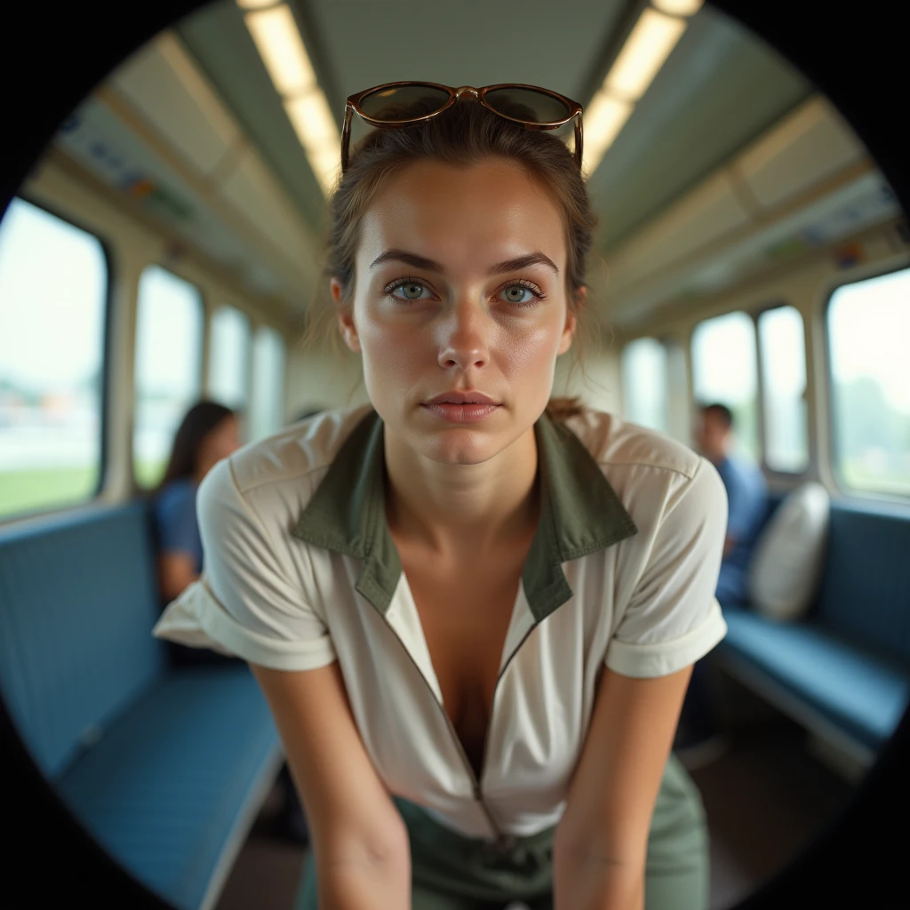  view from below. A young Danish train attendant  at the front. She is wearing a breezy uniform for summer. Questioning facial expression. She has a nice cleavage . Focus on cleavage. Large focal length. Photograph taken with a telescope.