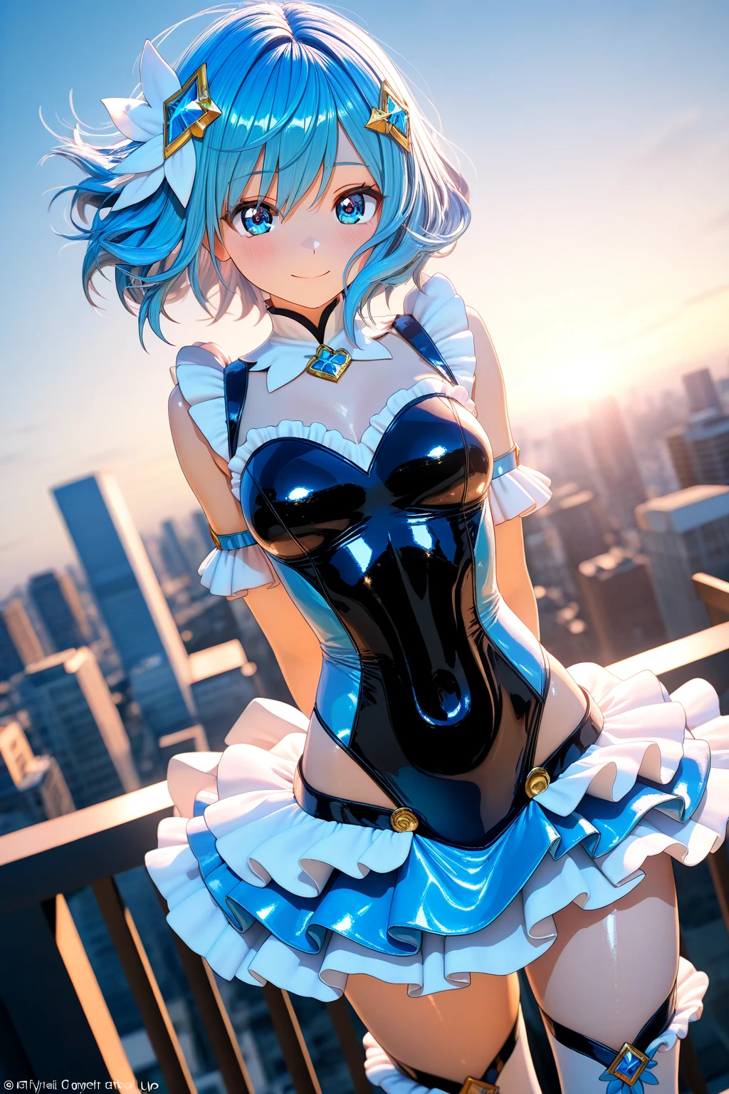 blue hair, Againm \(Again:zero\), [smile], blush, city,, masterpiece, highest quality, perfect lighting, 1 girl, Panty shot, medium bAgainasts,