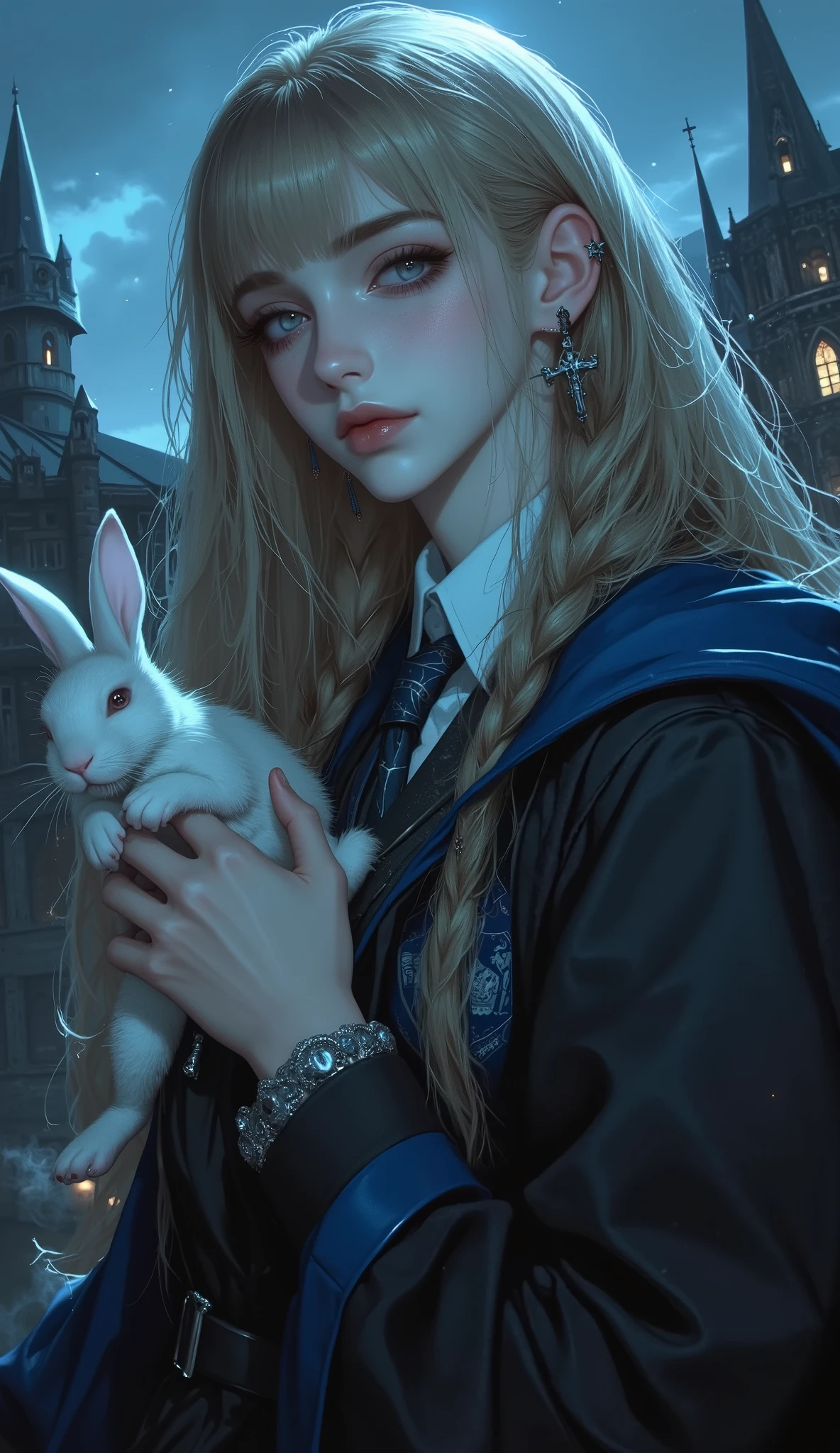 Blond haired girl in a black coat holding a white rabbit - SeaArt AI