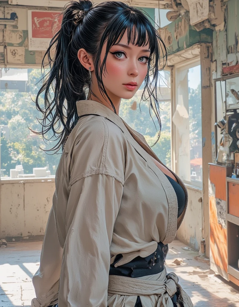 anime girl with ponytail hair standing in a garage with a gas pump, (sfw) safe for work, seductive anime girl, ilya kuvshinov. 4 k, best anime 4k konachan wallpaper, attractive anime girl, anime girl wearing a black dress, biomechanical oppai, beautiful alluring anime woman, 4k anime wallpaper, masterpiece, superdeformed, (((full body:1.3))), ultra high res, RAW photo, masterpiece, ultra detailed, 8k, full detailed hair, highres, best quality, ultra high res, ultra detailed face and eyes, (((photorealistic:1.4))), looking at viewer, (((smiling:1.2))), cuarge breast:1.7))), (((ray tracing:1.4))), ((((long legs:1.4)))), Best quality , masterpiece, large hip, Fully facial detailed, beautiful, ((cu detailed of hair )) , (((16 years old:1.2))), thin lips, big eyes, highres, seducing, blue eyes , slim waist, 8k:1.2, 16k:1.2, highres, karol bak uhd, inspired by hajime sorayama,  gravure idol, buxom chested, panasonic lumix s pro 70mm