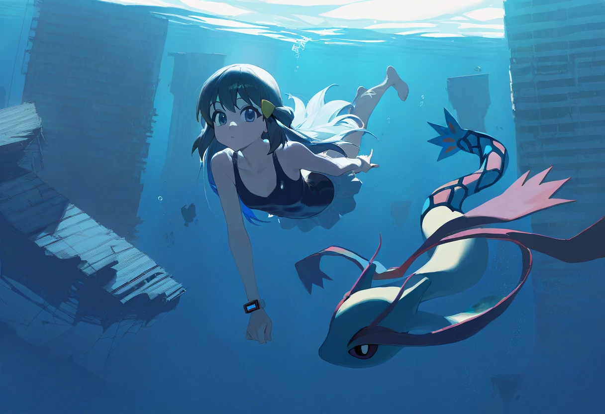(kyogre),sideview,(looking at viewer),very black long thin hair, dark skin,big forehead, eyelash, beautiful profile, combat uniform that looks like a sleeveless white swimsuit, welcome over there, scenery in the sea,