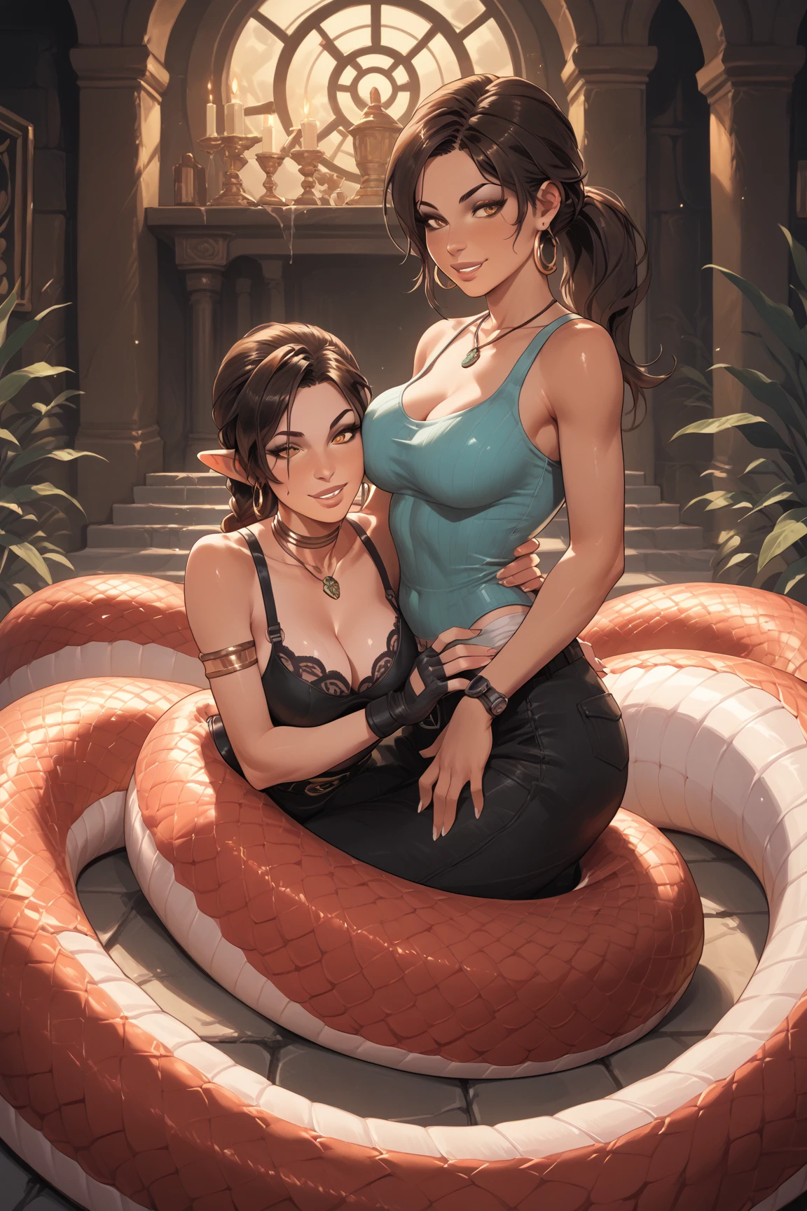 Two beautiful women hugging each other and kissing each other, (pythons wrapped around their waist), bikinis, sexy, European and American models, (super fine pythons), (detailed light and shadow), cinematic pictures, cinematic mirrors, glowing particles