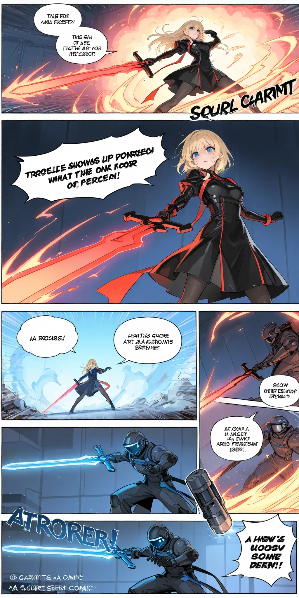Incredible resolution, high resolution, (masterpiece: 1.4), super detail, black long sword, long sword talking, comic speech bubble, long sword name is "Soul Talker", welder dress up, high technology workbench in factory, high tech sense screen, ((Shows a comment with a comic bubble, Text Japanese only))