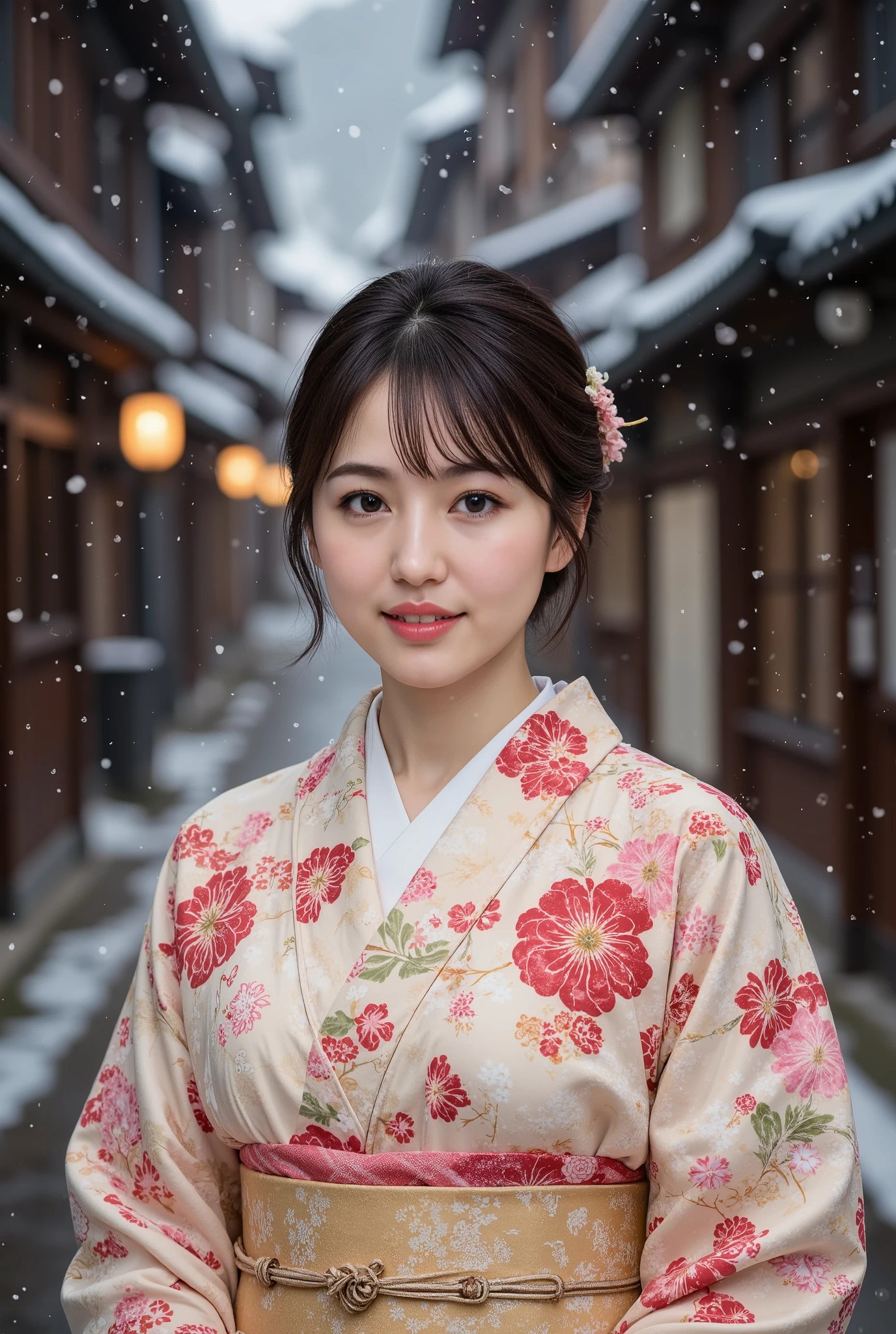 (((full body))), best quality, masterpiece, super high resolution, beautiful Japanese girl, Kind Face, green eyes, kind smile, Curvy Body, big boobs, updo brown hair, Japanese female Cloth Outfit, Japanese kimono, In Old Japanese-style street, snow, night:1.2,