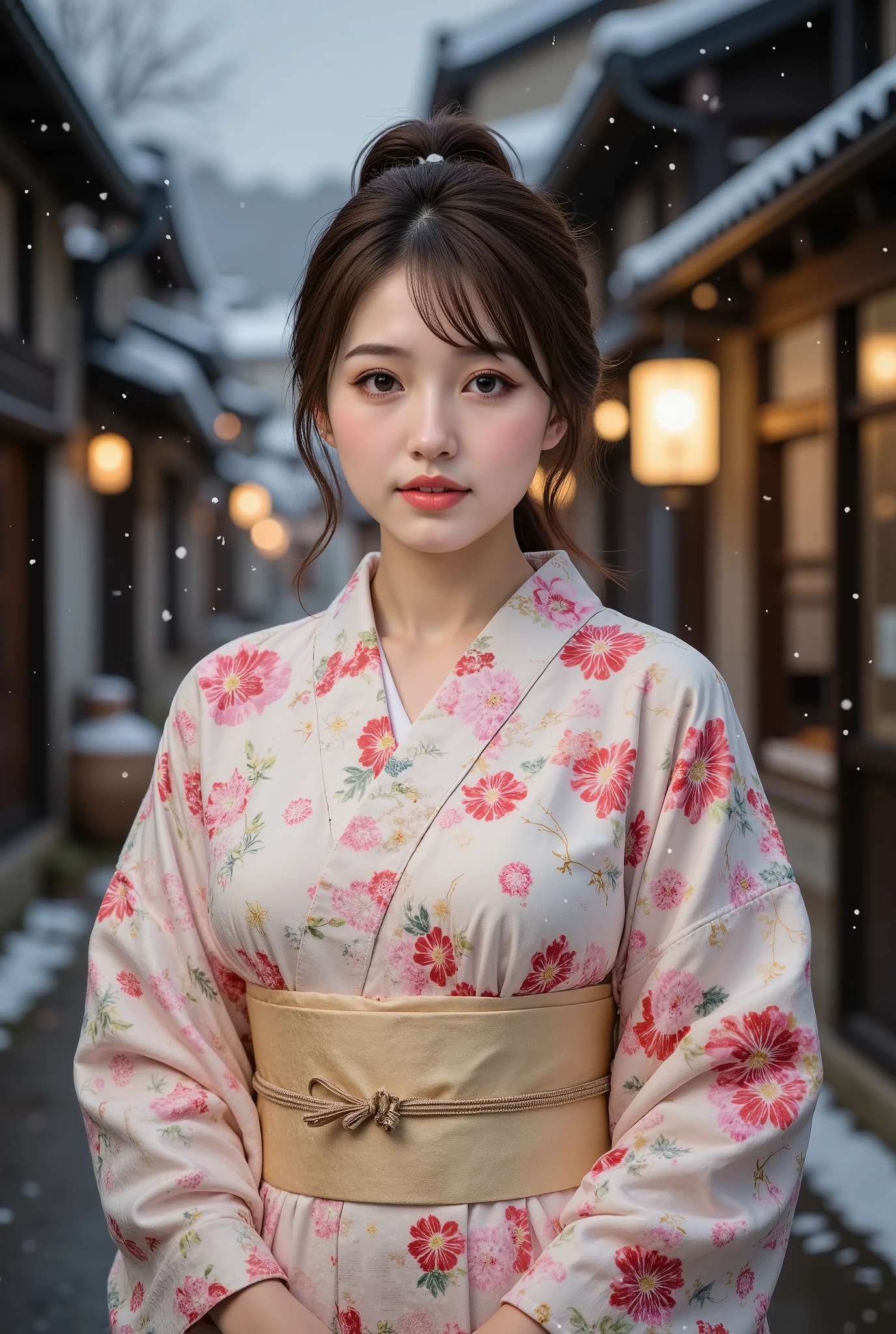 (((full body))), best quality, masterpiece, super high resolution, beautiful Japanese girl, Kind Face, green eyes, kind smile, Curvy Body, big boobs, updo brown hair, Japanese female Cloth Outfit, Japanese kimono, In Old Japanese-style street, snow, night:1.2,