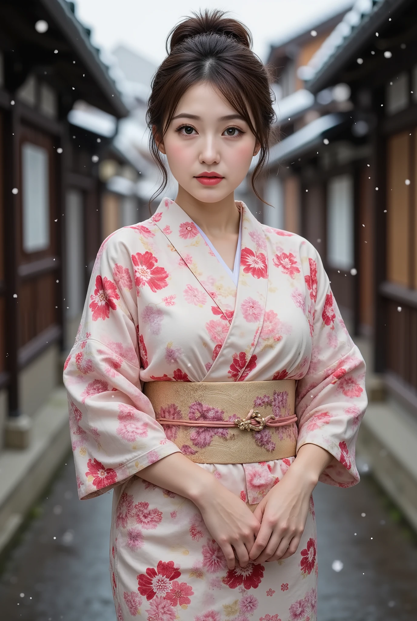 (((full body))), best quality, masterpiece, super high resolution, beautiful Japanese girl, Kind Face, green eyes, kind smile, Curvy Body, big boobs, updo brown hair, Japanese female Cloth Outfit, Japanese kimono, In Old Japanese-style street, snow, night:1.2,