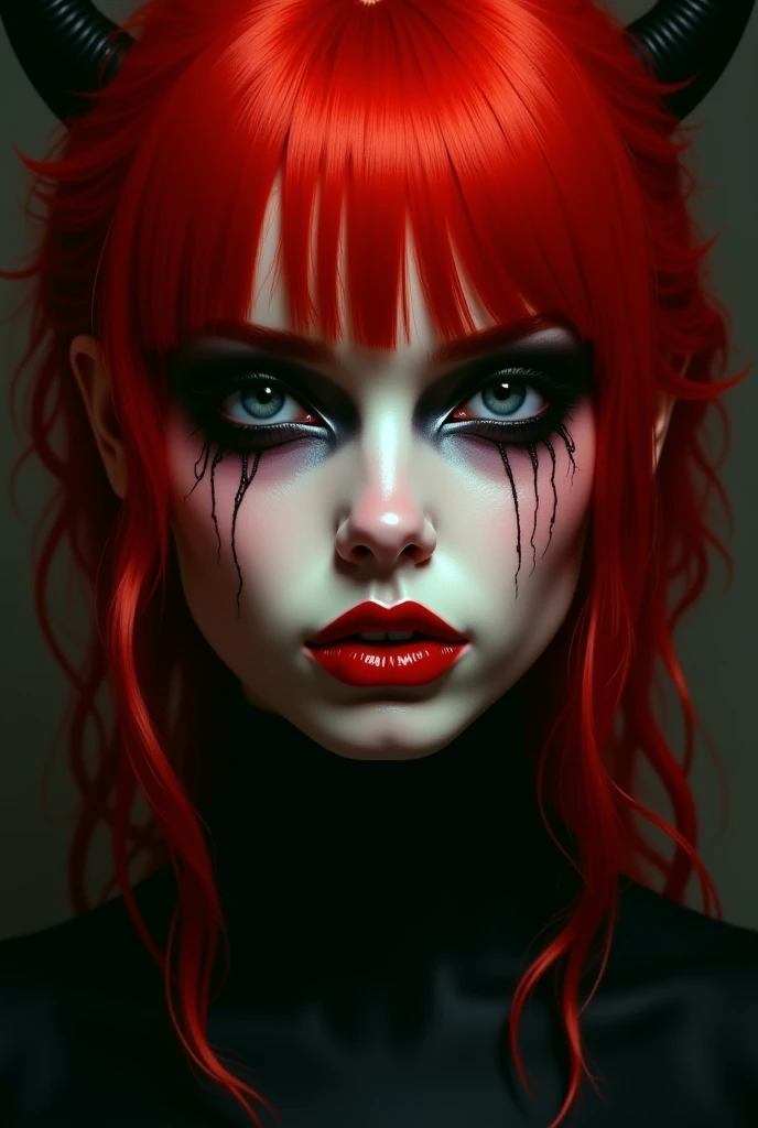 (photorealism:1.2), filipina, pinay, marano girl, undead creepy Emo girl, beautiful eyes, disturbingly gorgeous face, plump pouting lips, striking red hair with bangs over eyes pixie bob cut, intimidating expression, (empty eyes), Bags under eyes, macabre gothic makeup macabre