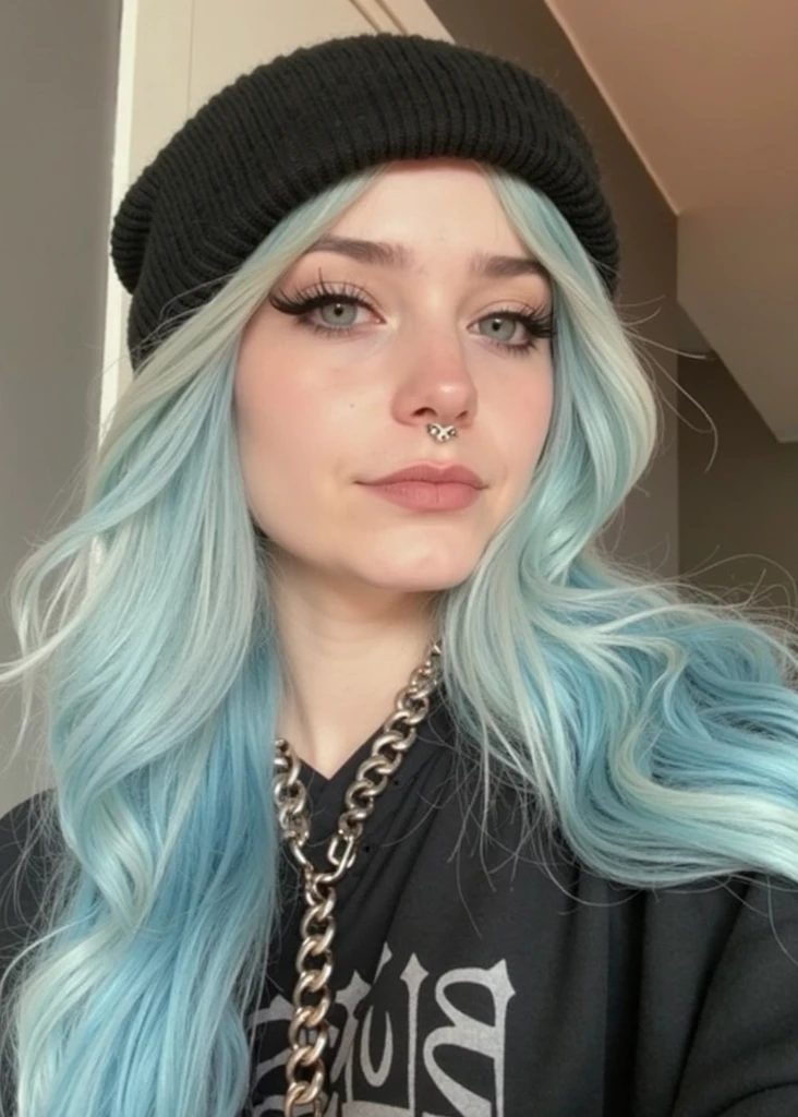 a woman with blue hair and a black hat with a chain around her neck, pretty girl with blue hair, beautiful blue haired girl, light blue piercing eyes, sky blue hair, sky blue straight hair, light blue hair, with long turquoise hair, with blue hair, pastel goth aesthetic, straight sky blue hair, girl with blue hair, long flowing blue hair
