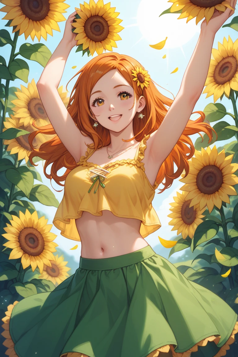 girl underwater, long red flowing hair, angel wings, orange yellow and white lily flowers
