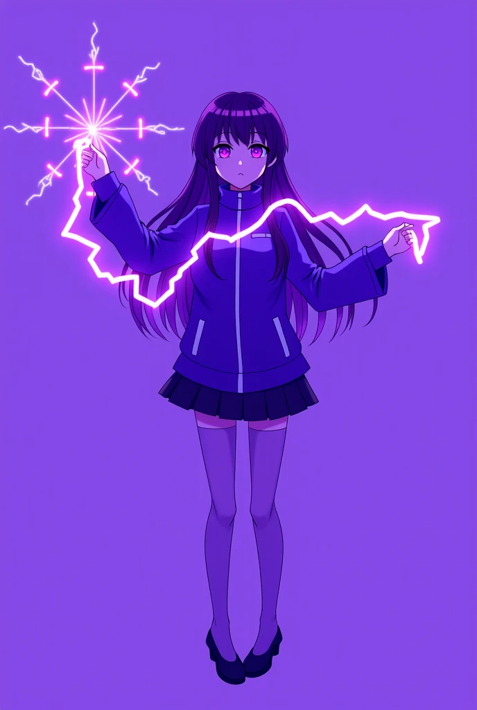 1girl,urple hair, purple eyes, glowing eyes, electricity,Silk stockings, jackets, lightning, Short skirt,Artifacts,purple magic, aura, full body,magic circle, braids,very long hair,hair flowe,tarry sky ,