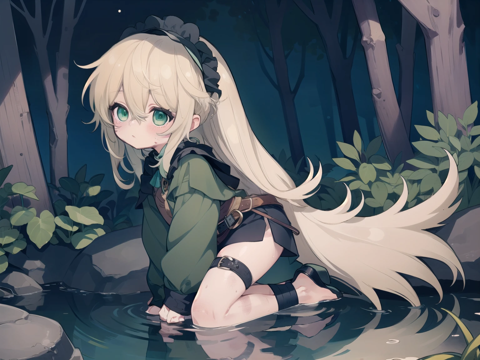 Scene: It's a dark night. One girl is sitting in a very dark forest kneeling near the water's edge of the magic pond. She was dirty and bruised. Body: blonde very long hair, green eyes, dirty clothes, dirty hair. Clothes: Dirty rags. Style: Medieval fantasy