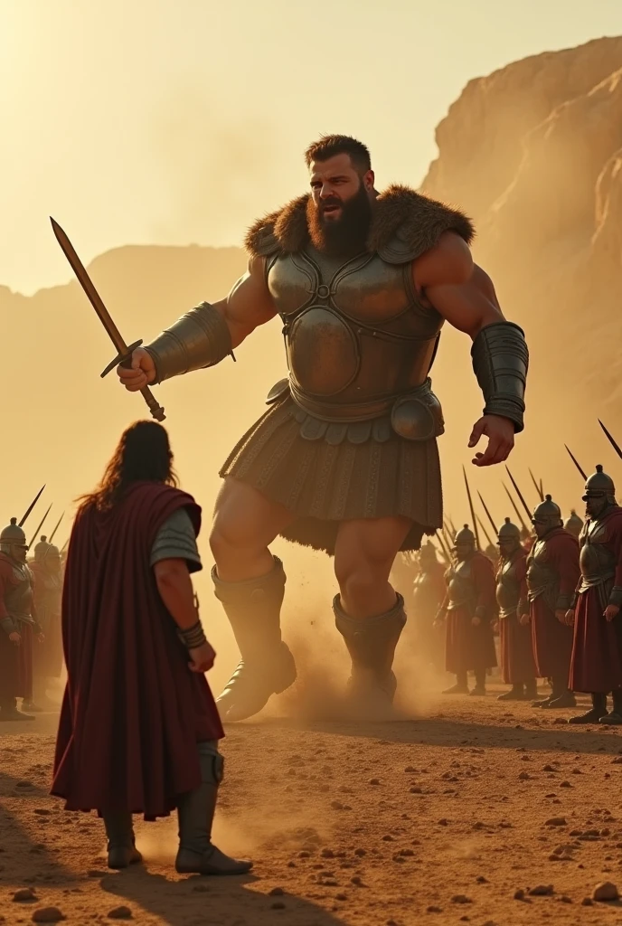 image with a beautiful and detailed realistic cinematographic style, giant goliath from the holy bible, facing several men soldiers with swords in their hands.