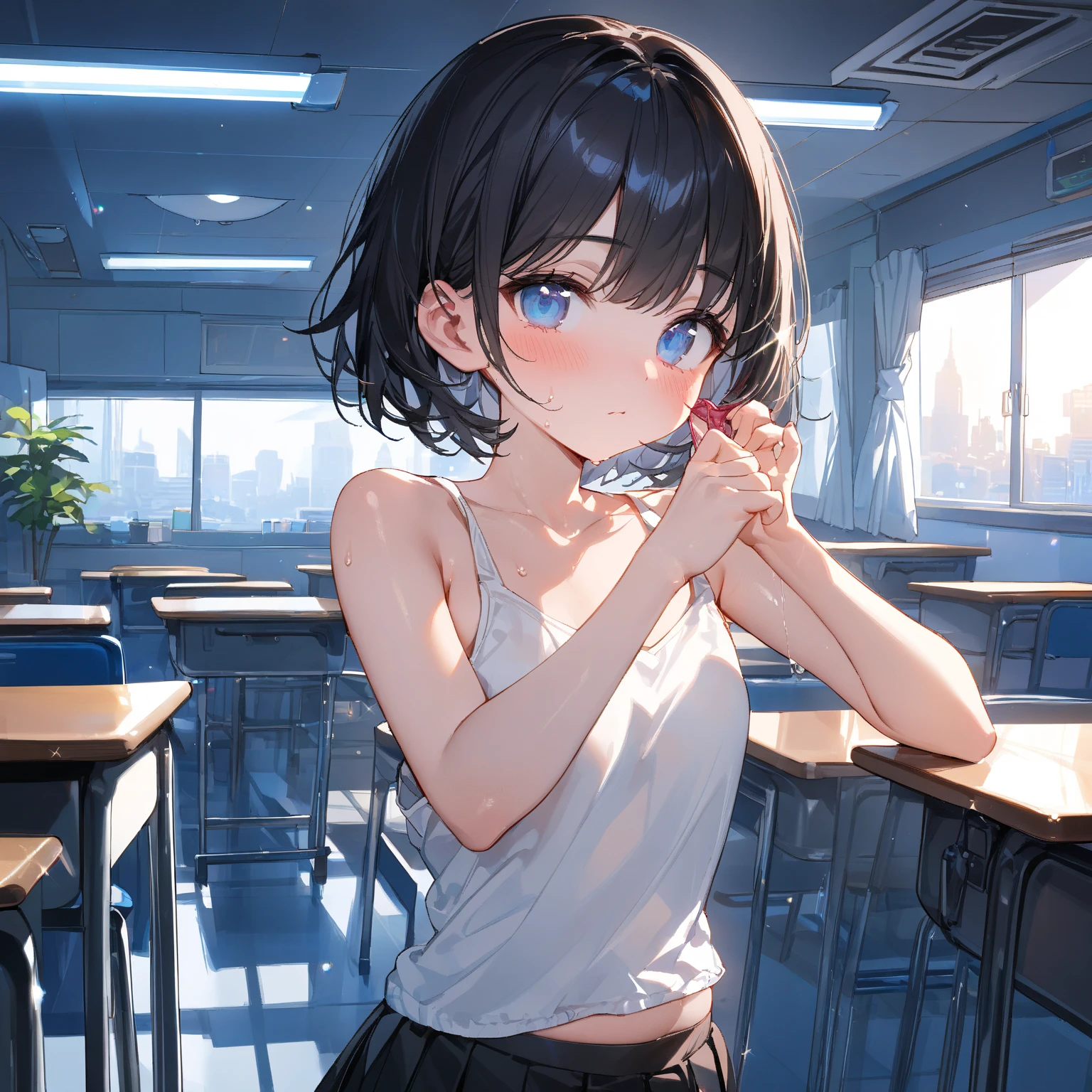 top-quality、Full limbs、complete fingers、Slender beauty、straight haired、poneyTail、Sailor School Swimsuit、Small eyes、‎Classroom