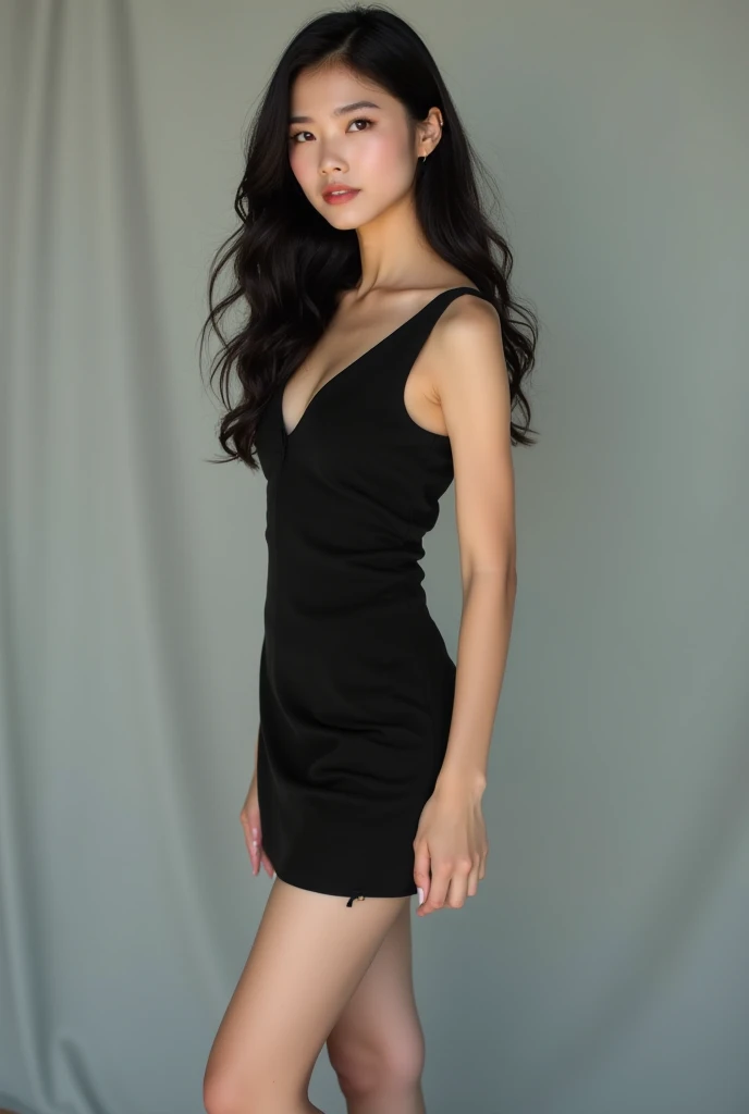 (((best quality))),(((ultra detailed))),(((masterpiece))),illustration,((1 beautiful girl,solo)),((slim,thin)),((small breasts,flat chest)),(shoulder length straight hair:1.2),summer afternoon,((unfinished concrete room,alluring,gray walls)),(black sheer dress:1.3),(slender legs:1.2),seductive,elegant,full bosom,fair skin,golden strands,delicate features,deep brown eyes,mischief,mystery,enchanting smile,vibrant red lips,serene beauty,self-assuredness,industrial ambiance,raw cement walls,exposed pipes,sexuality,allure,refined beauty,compelling visual narrative,seductive gaze,elegant posture,industrial backdrop,lasting impression,((standing,from front,upper body))